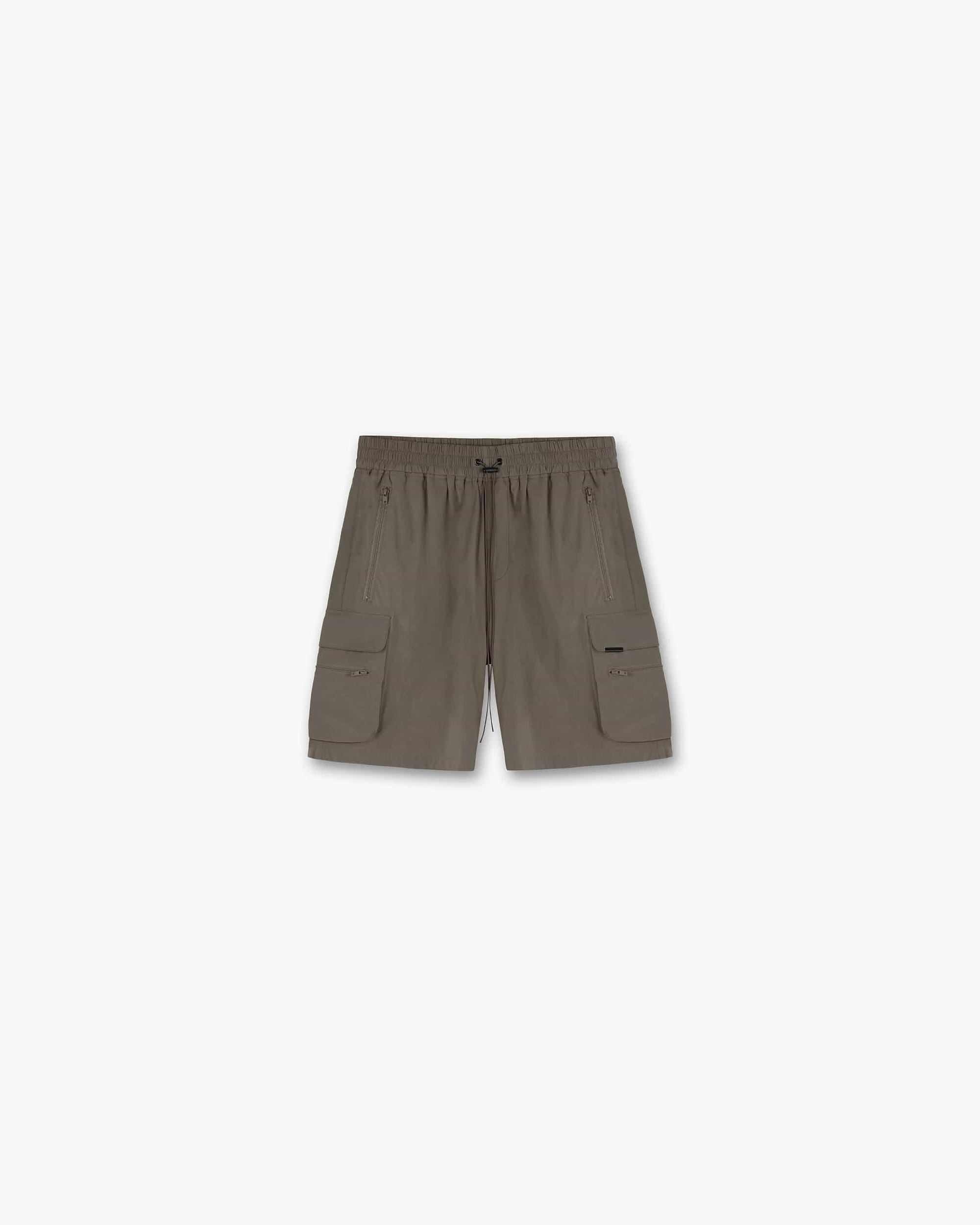 Front product image of mens olive shorts on a plain white background | 247 Shorts in Olive | Cargo shorts with adjustable waistband and RiRi zippers | 247 Shorts | Represent Clo