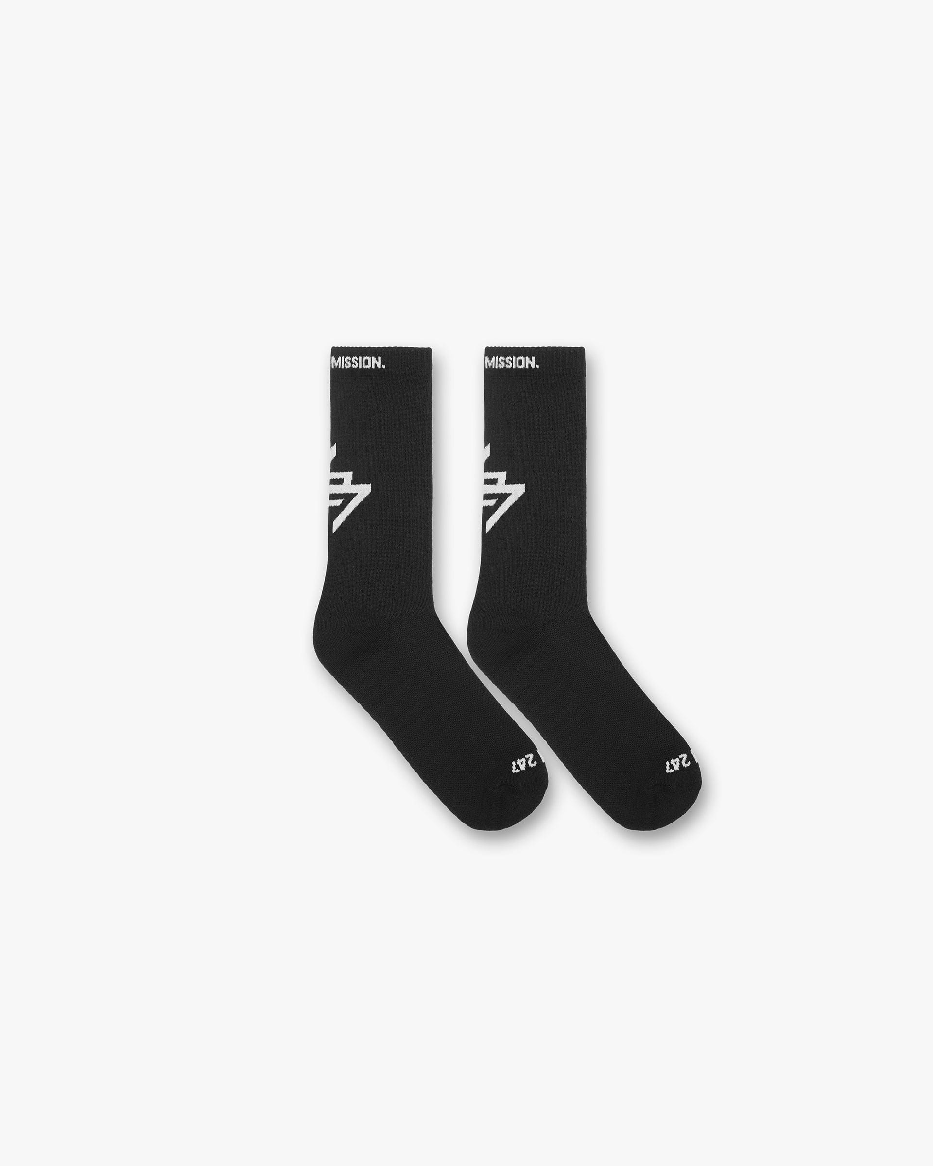 Front product image of mens black socks on a plain white background | 247 Logo Socks in Black | Cotton socks with logo detailing | 247 Accessories | Represent Clo