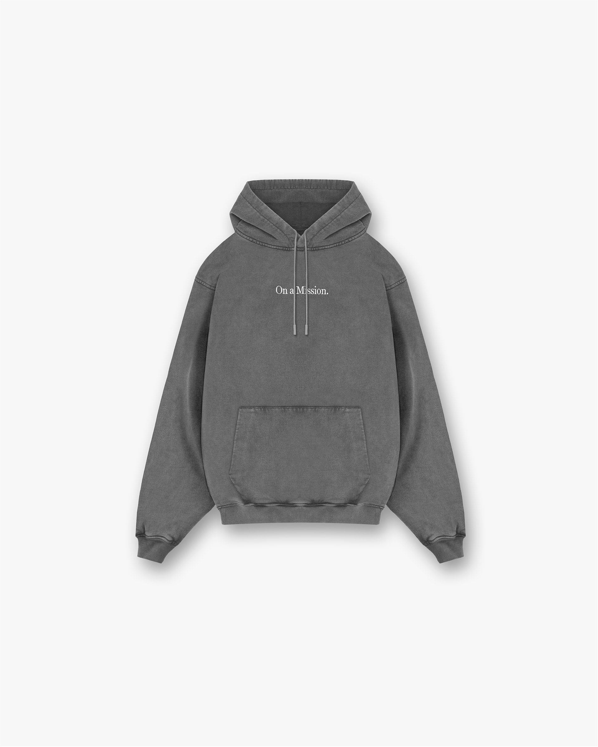 Front product image of a mens black hoodie on a plain white background | 247 On A Mission Hoodie in Aged Black | Oversized hoodie with Cobrax popper and ribbed trims | 247 Hoodies | Represent Clo