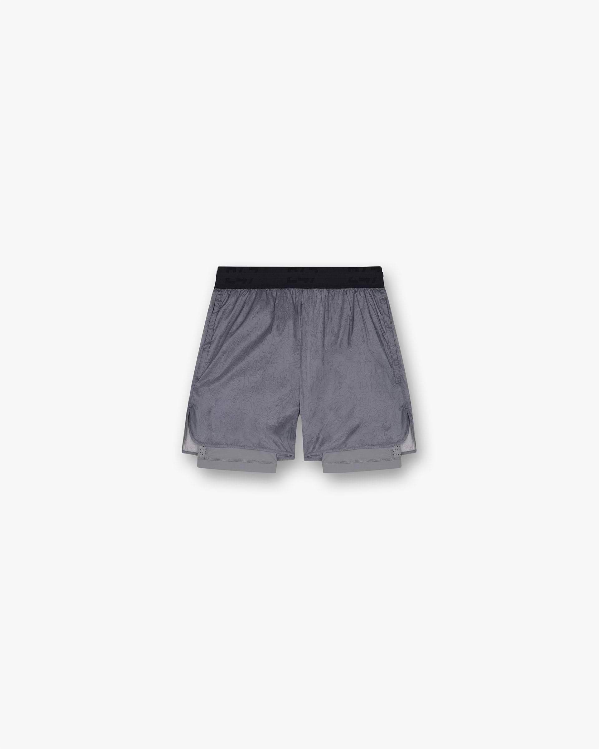 Front product image of mens grey shorts on a plain white background | 247 Contour 2-In-1 Run Shorts in Titanium | Shorts with built-in support and peached finish | 247 Shorts | Represent Clo