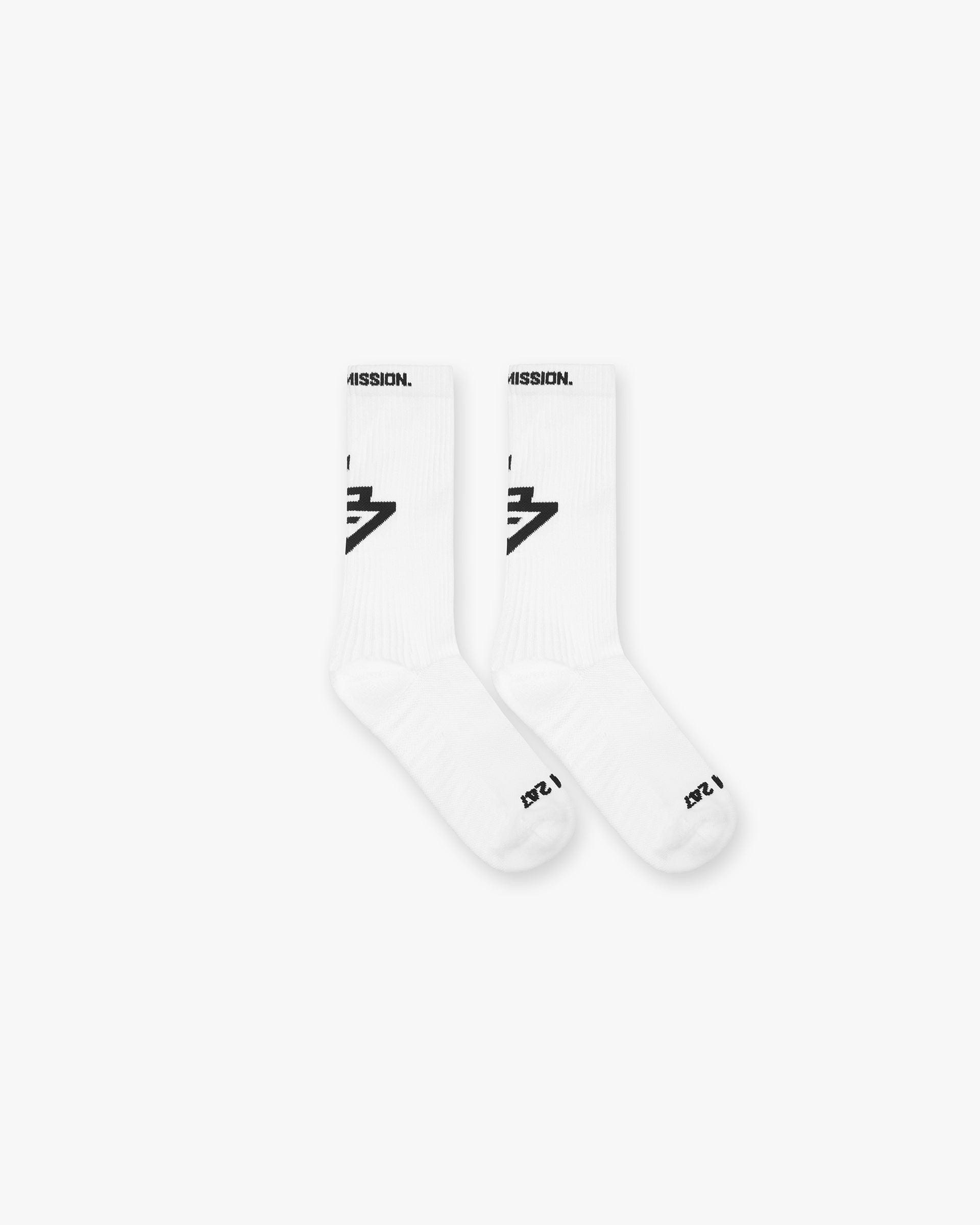 Front product image of mens white socks on a plain white background | 247 Logo Socks in White | Soft cotton blend socks with logo detail | 247 Accessories | Represent Clo