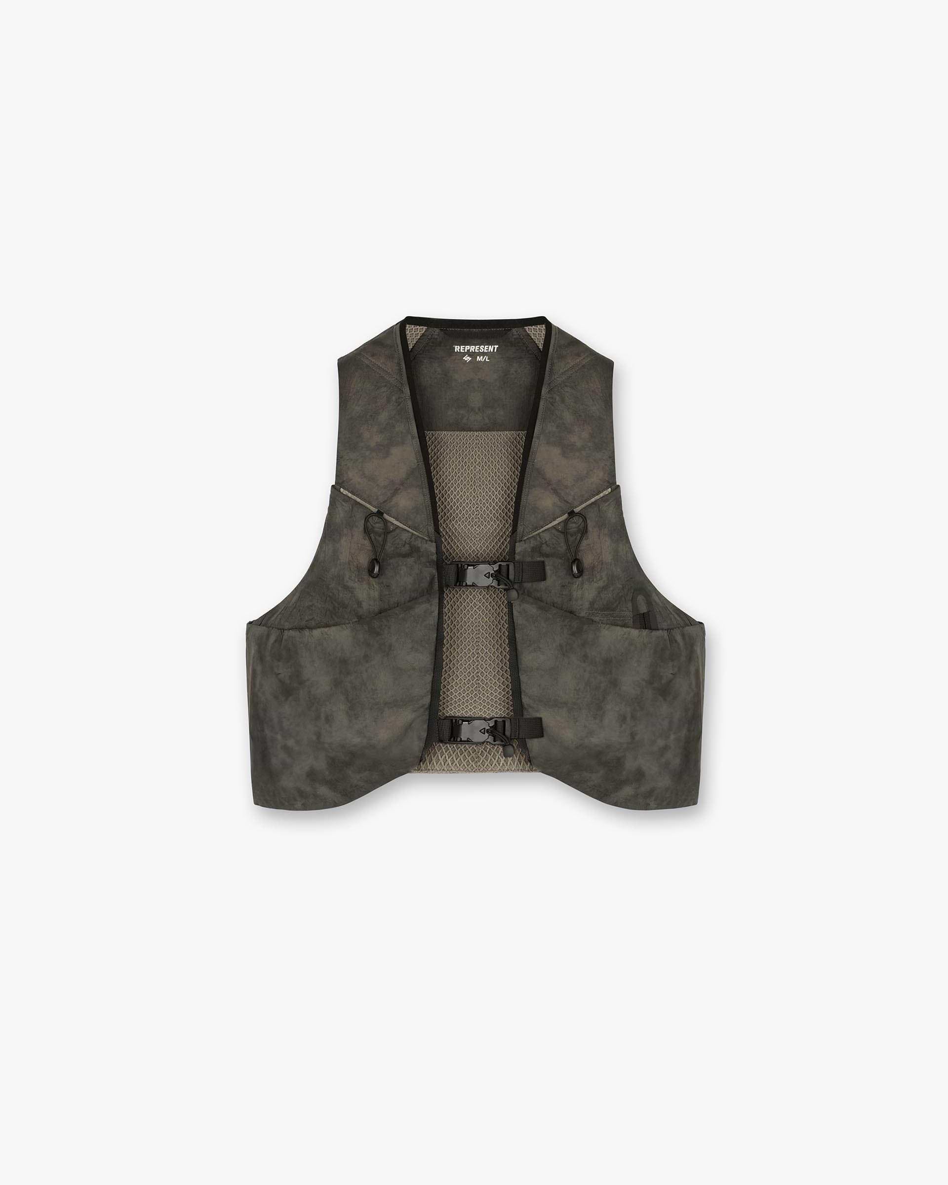Front product image of a mens chest rig in buttercream on a plain white background | Team 247 Chest Rig in Terrain | Oversized fit loopback jersey with Cobrax popper | 247 Accessories | Represent Clo