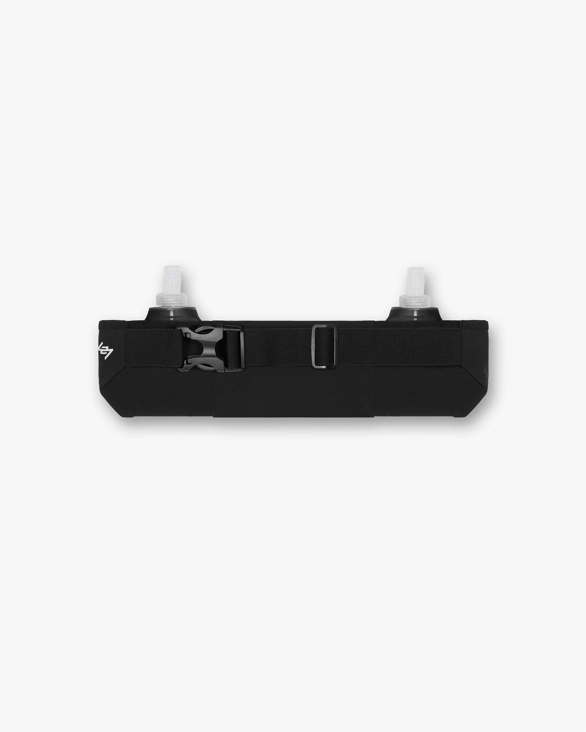Front product image of a mens black belt on a plain white background | 247 Hydration Belt in Black | Belt with bottle holders | 247 Accessories | Represent Clo