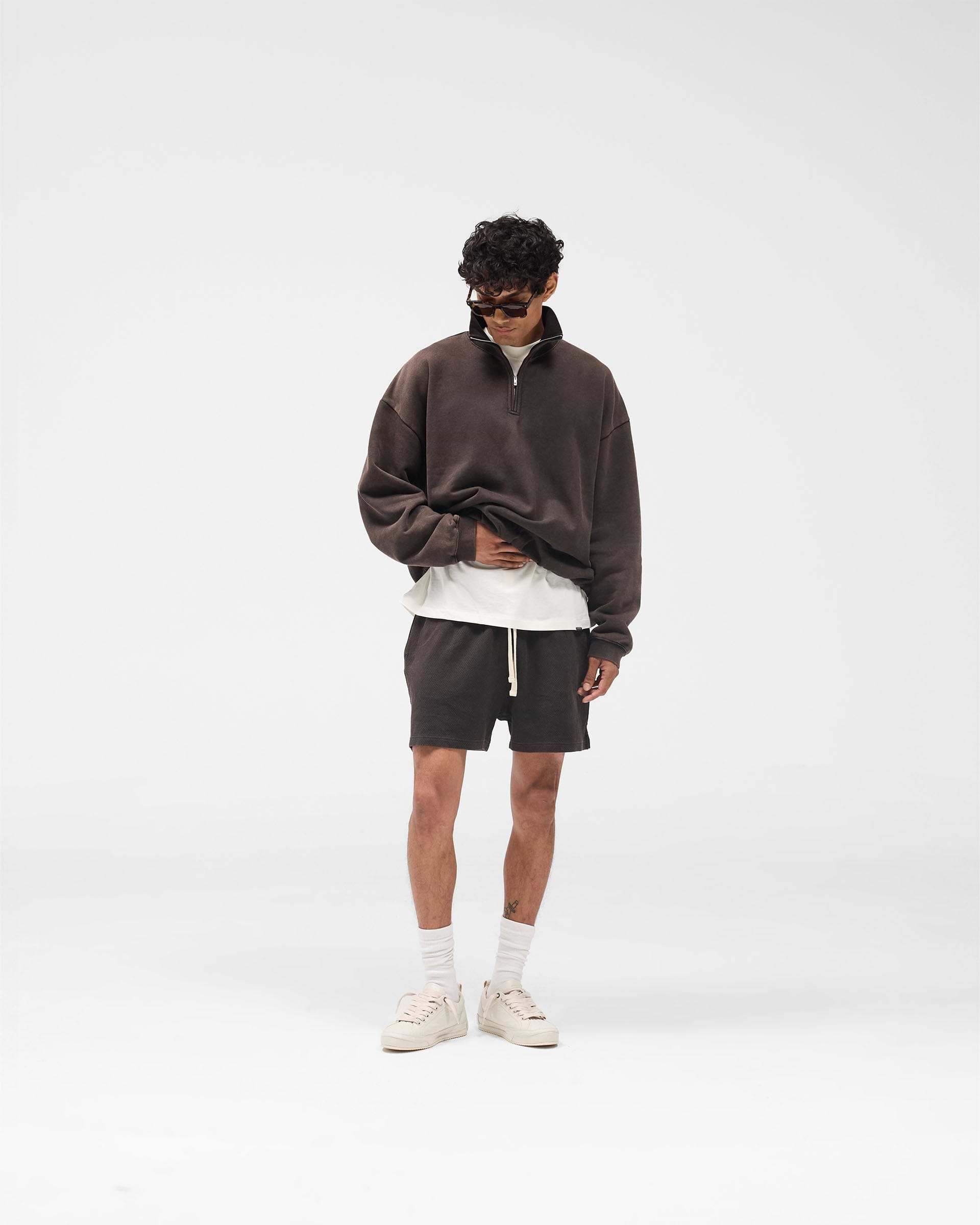 Initial Funnel Neck Quarter Zip Sweatshirt - Coffee