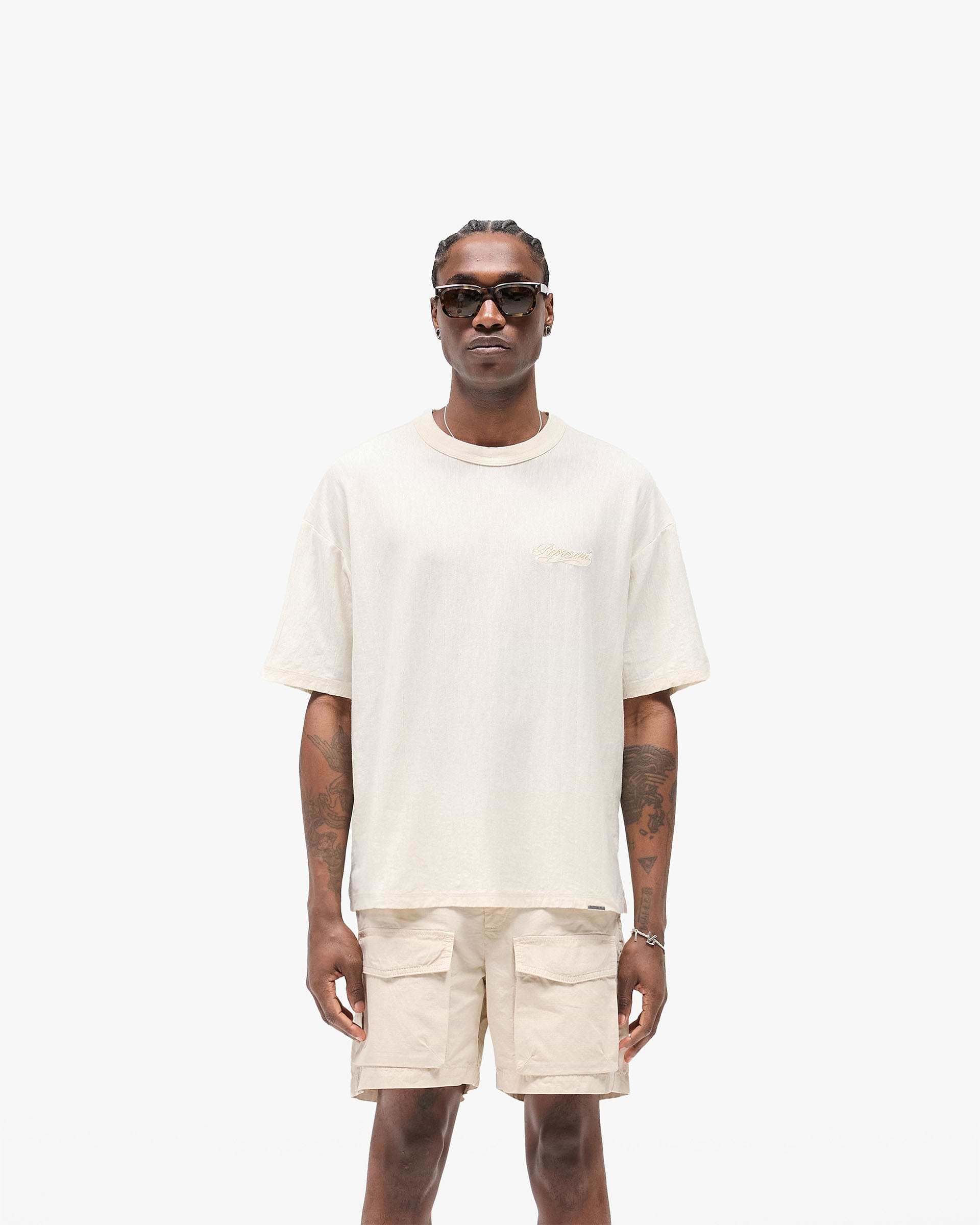 Slub Script T-Shirt - Gealtert Weiß