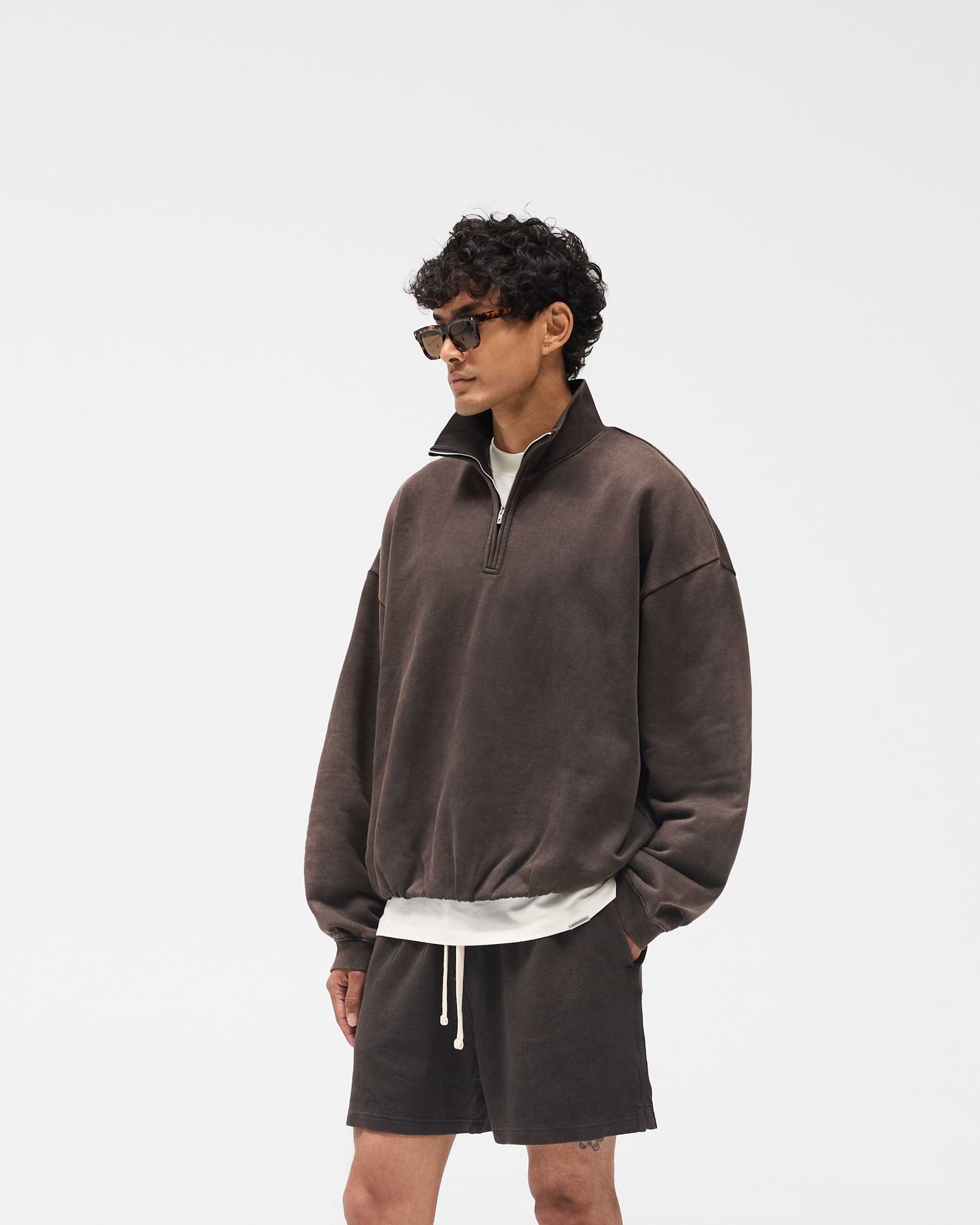 Initial Funnel Neck Quarter Zip Sweatshirt - Coffee
