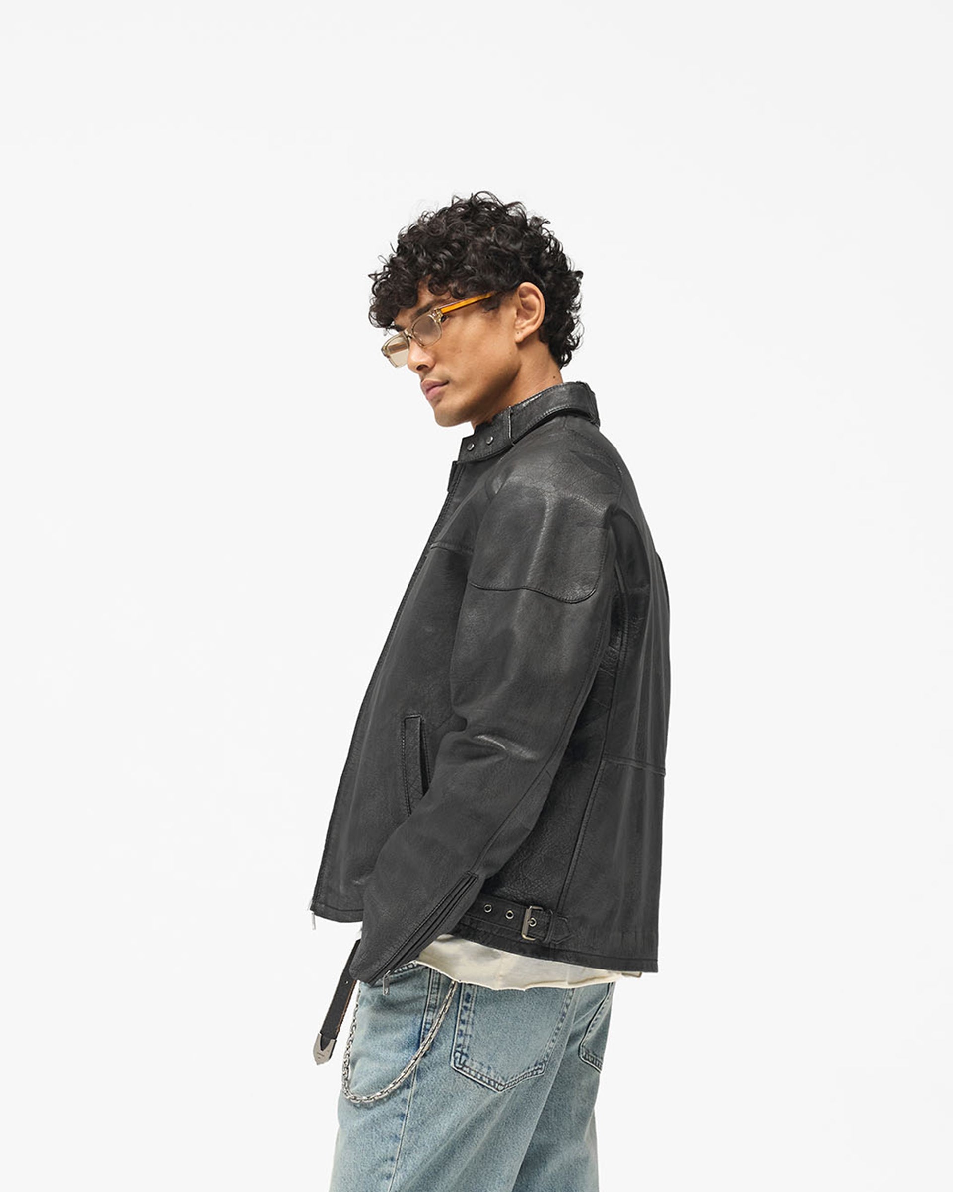 Flag Leather Bomber - Black