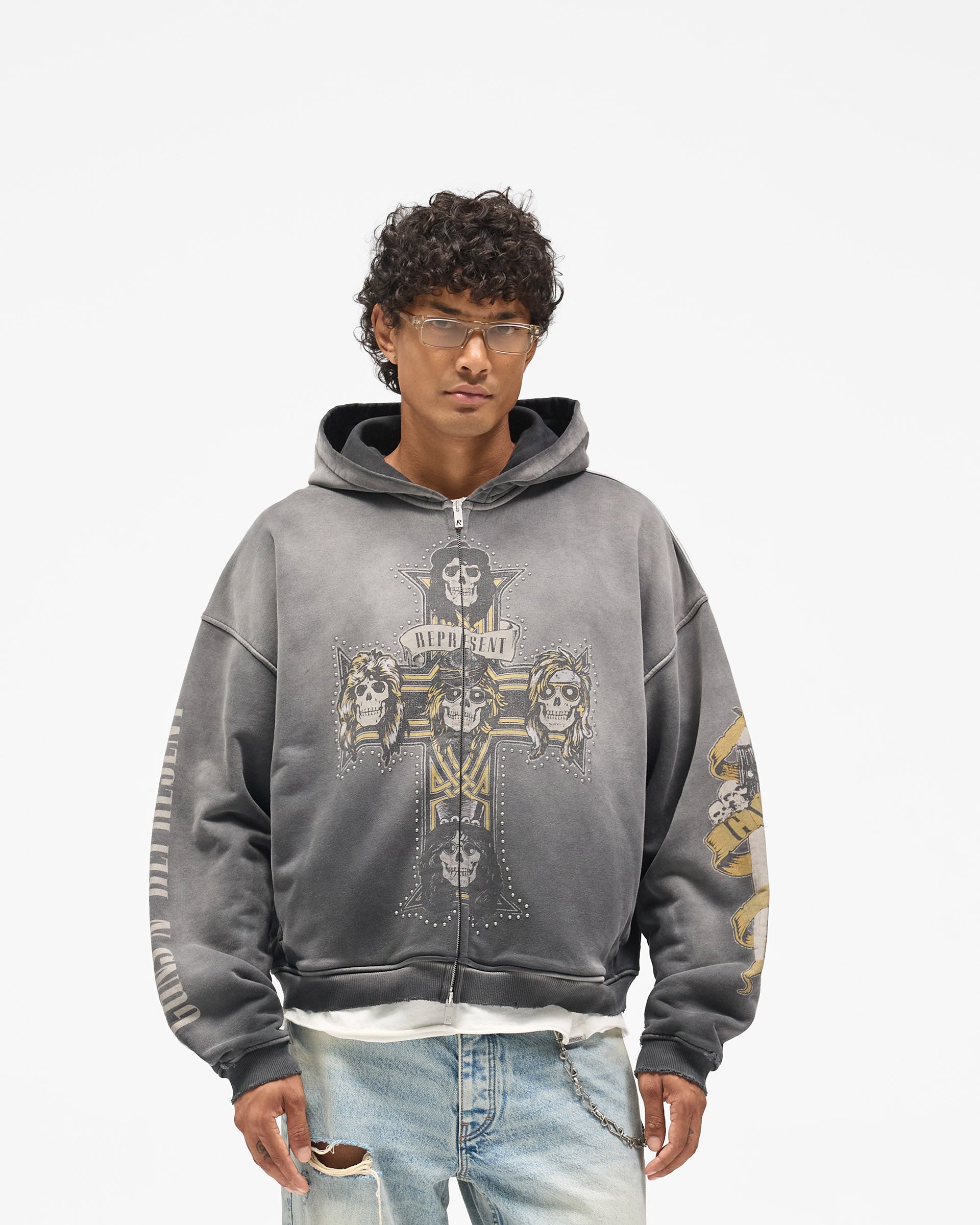Represent X Guns N' Roses Cross Zip Through Hoodie - Stained Black