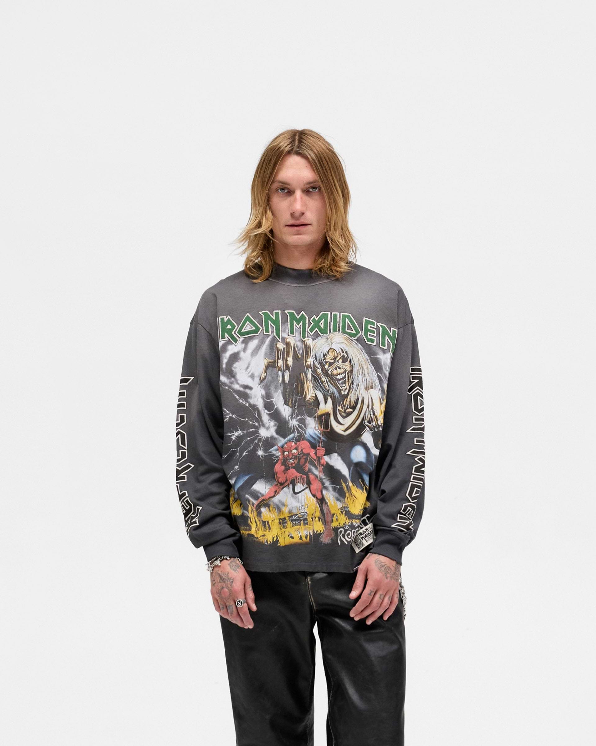 Represent X Iron Maiden Number Of The Beast Langarm T-Shirt - Sunfade Grau