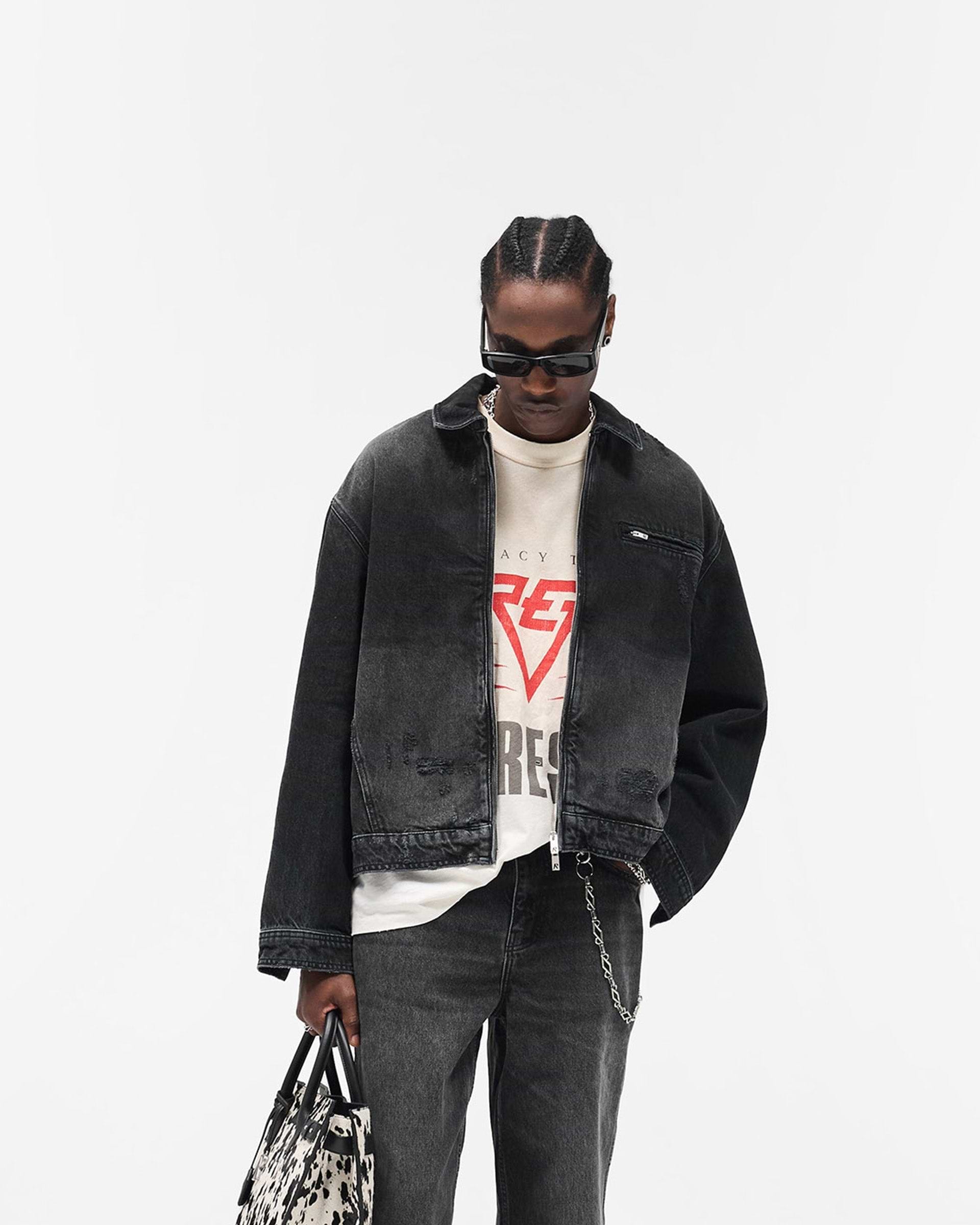 Collared Denim Jacket - Aged Black