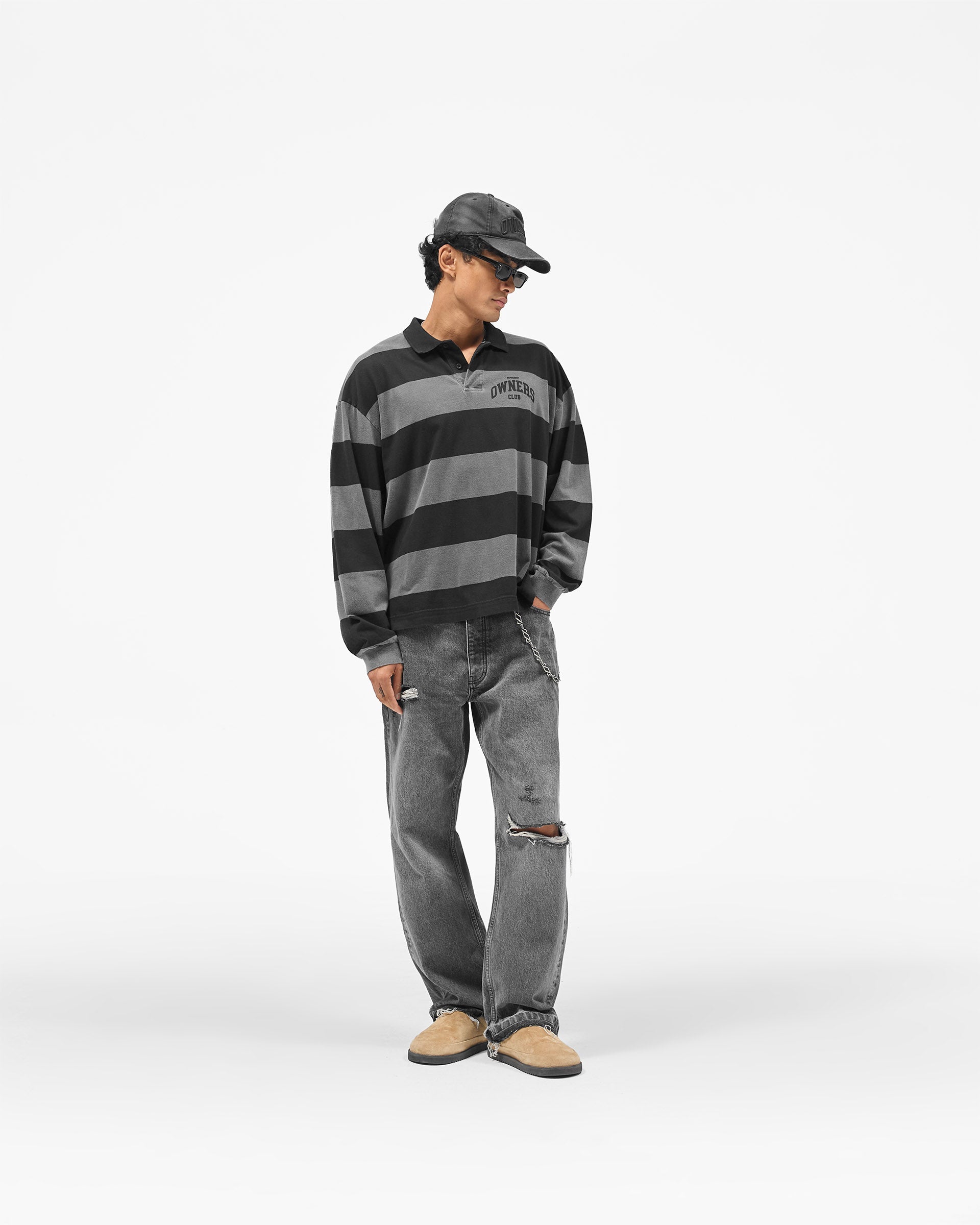 Represent Owners Club Rugby Stripe Top - Weathered Black