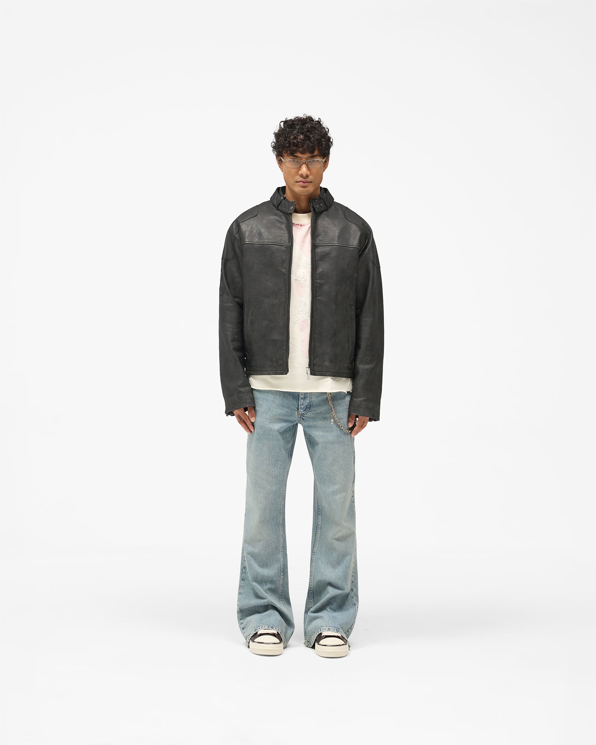 Flag Leather Bomber - Black