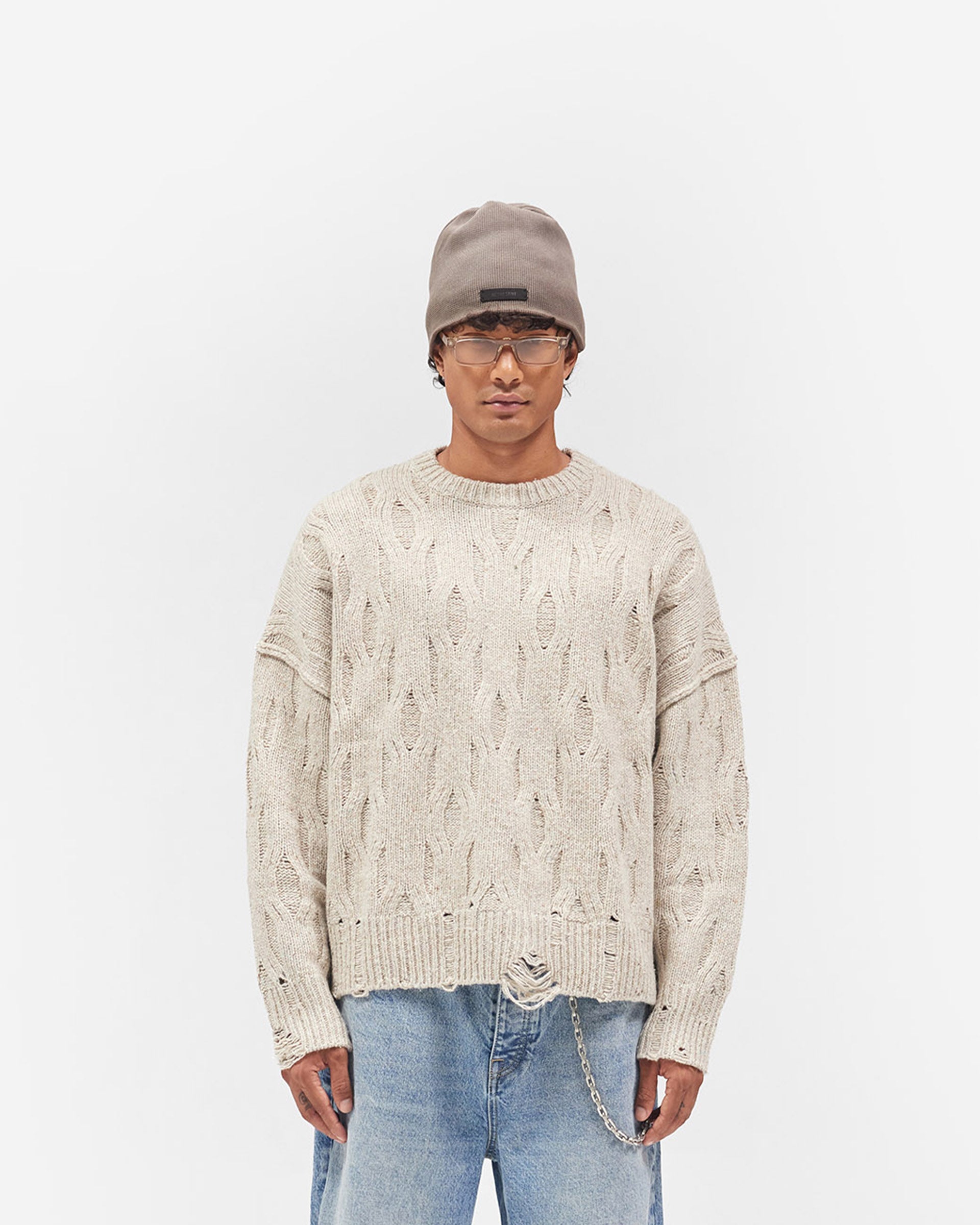 Distress Knit Sweater - Taupe