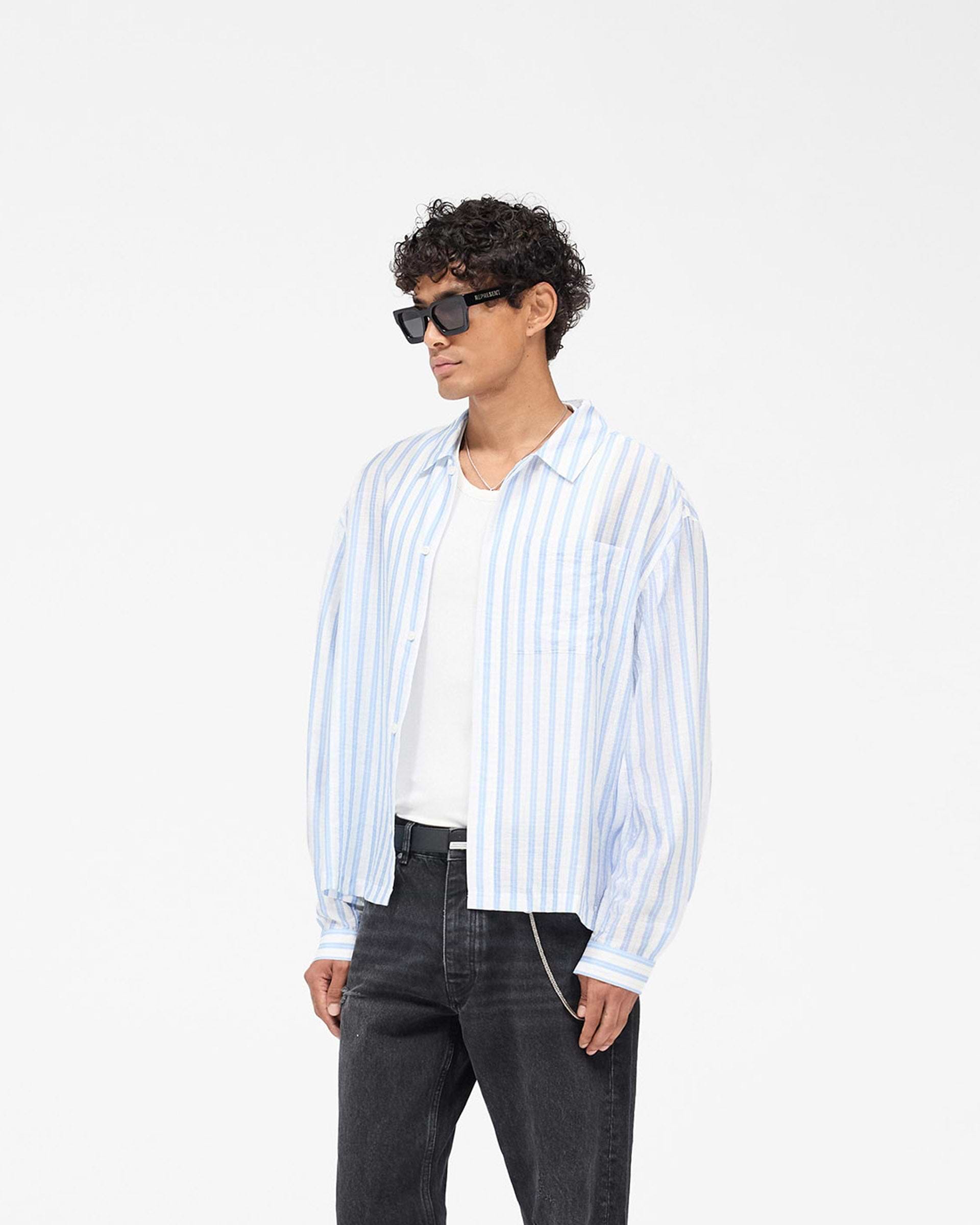 Long Sleeve Sheer Stripe Boxy Shirt - Ice Blue
