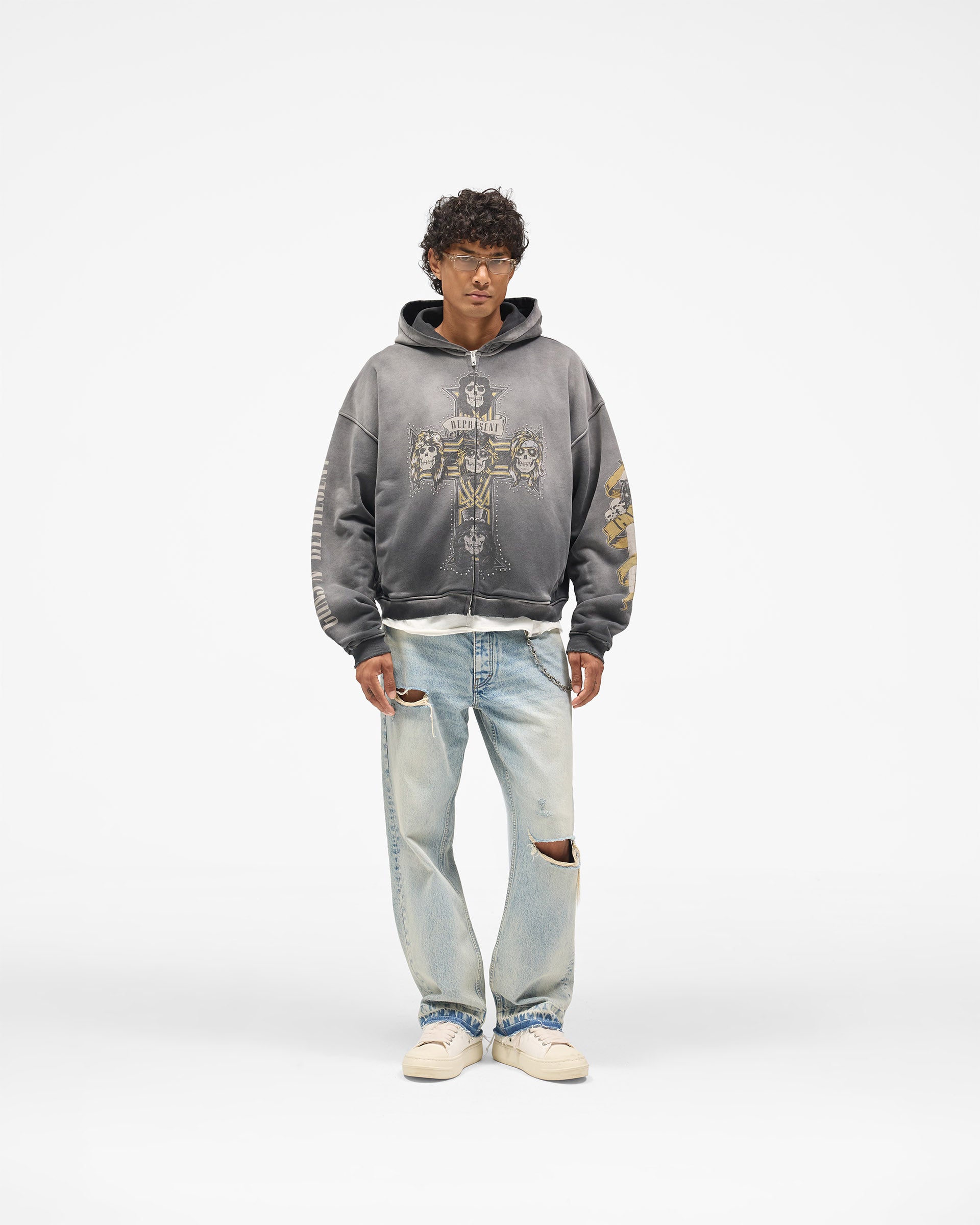 Represent X Guns N' Roses Cross Zip Through Hoodie - Stained Black