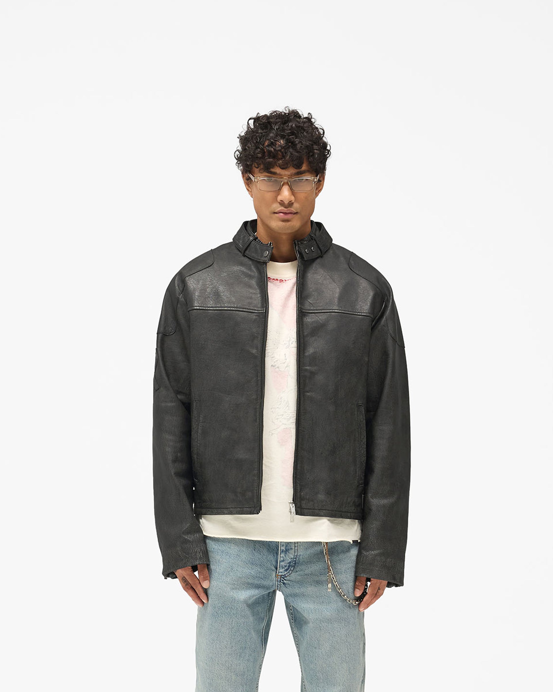 Flag Leather Bomber - Black