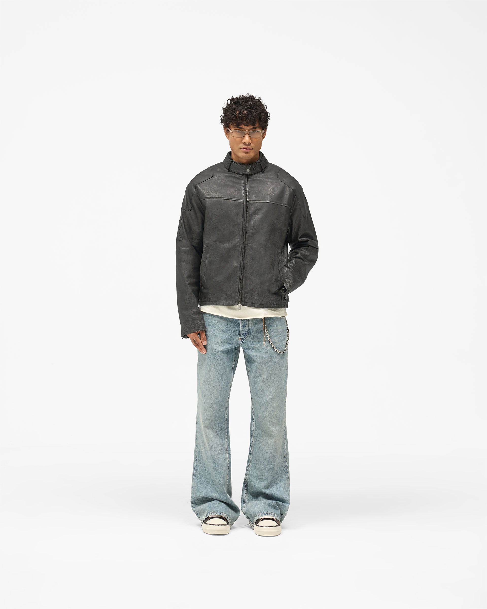 Flag Leather Bomber - Black