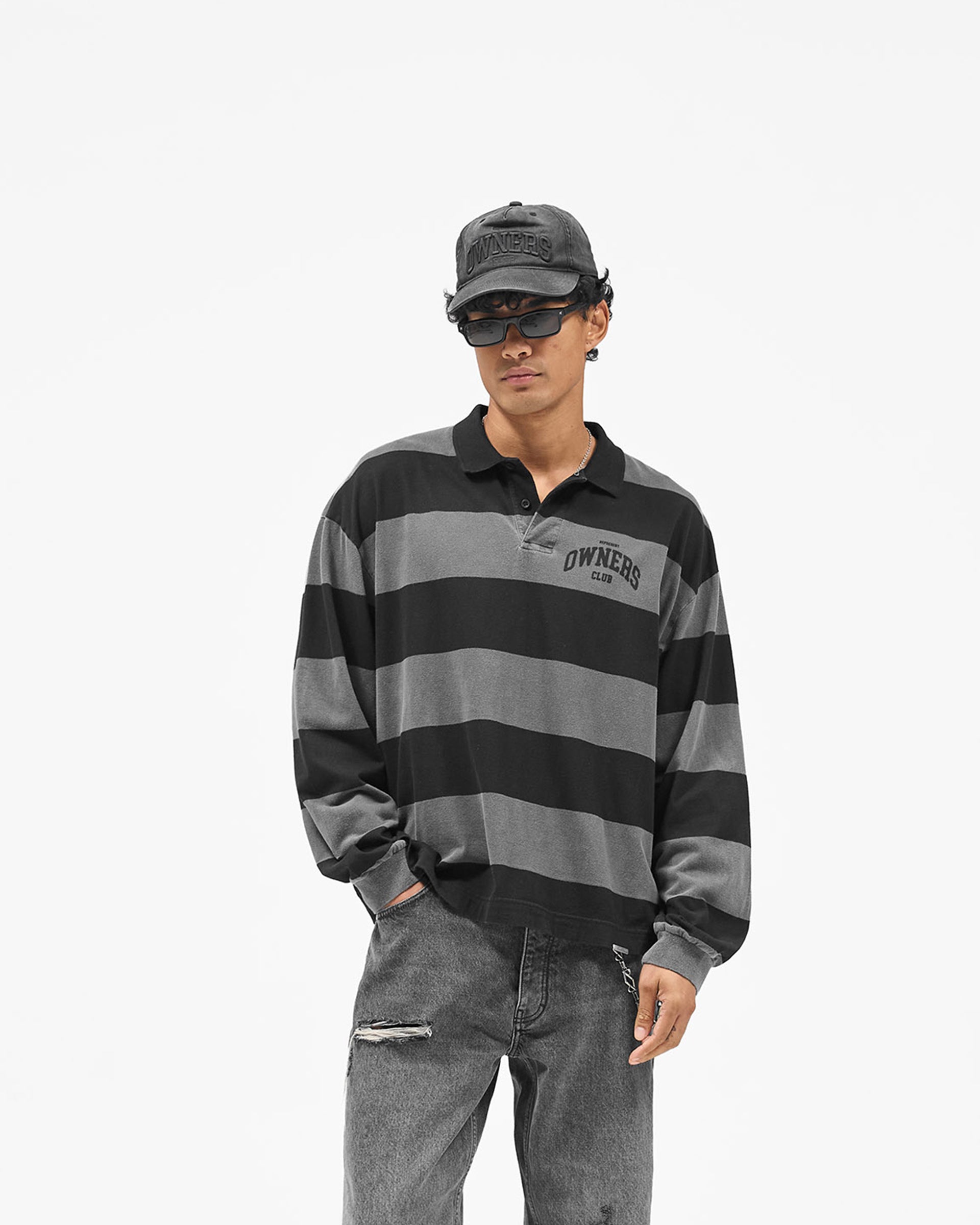Represent Owners Club Rugby Stripe Top - Weathered Black
