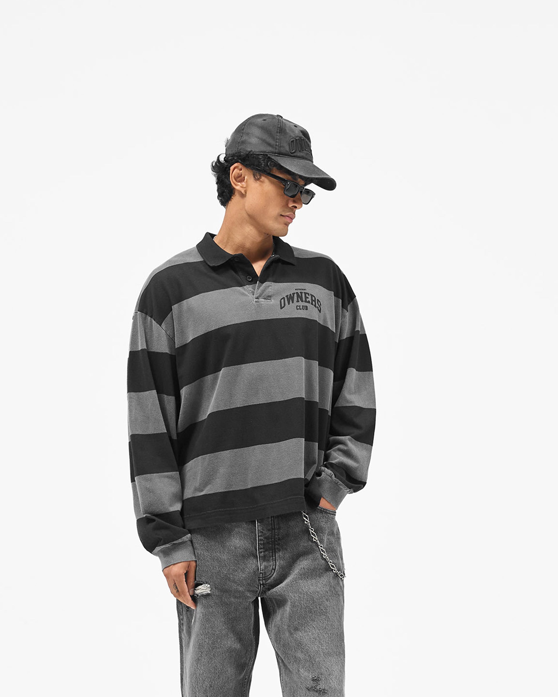 Represent Owners Club Rugby Stripe Top - Weathered Black