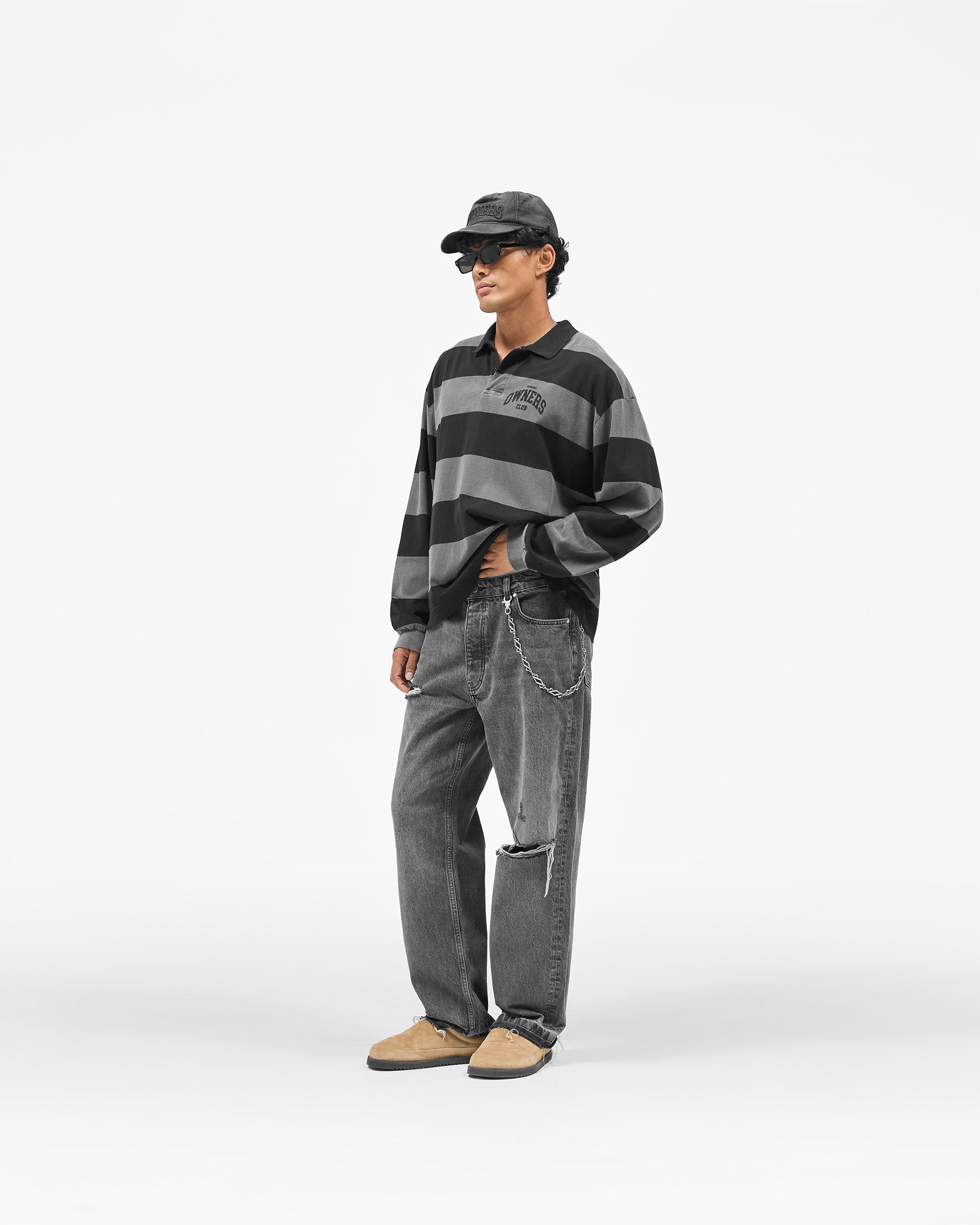 Represent Owners Club Rugby Stripe Top - Weathered Black