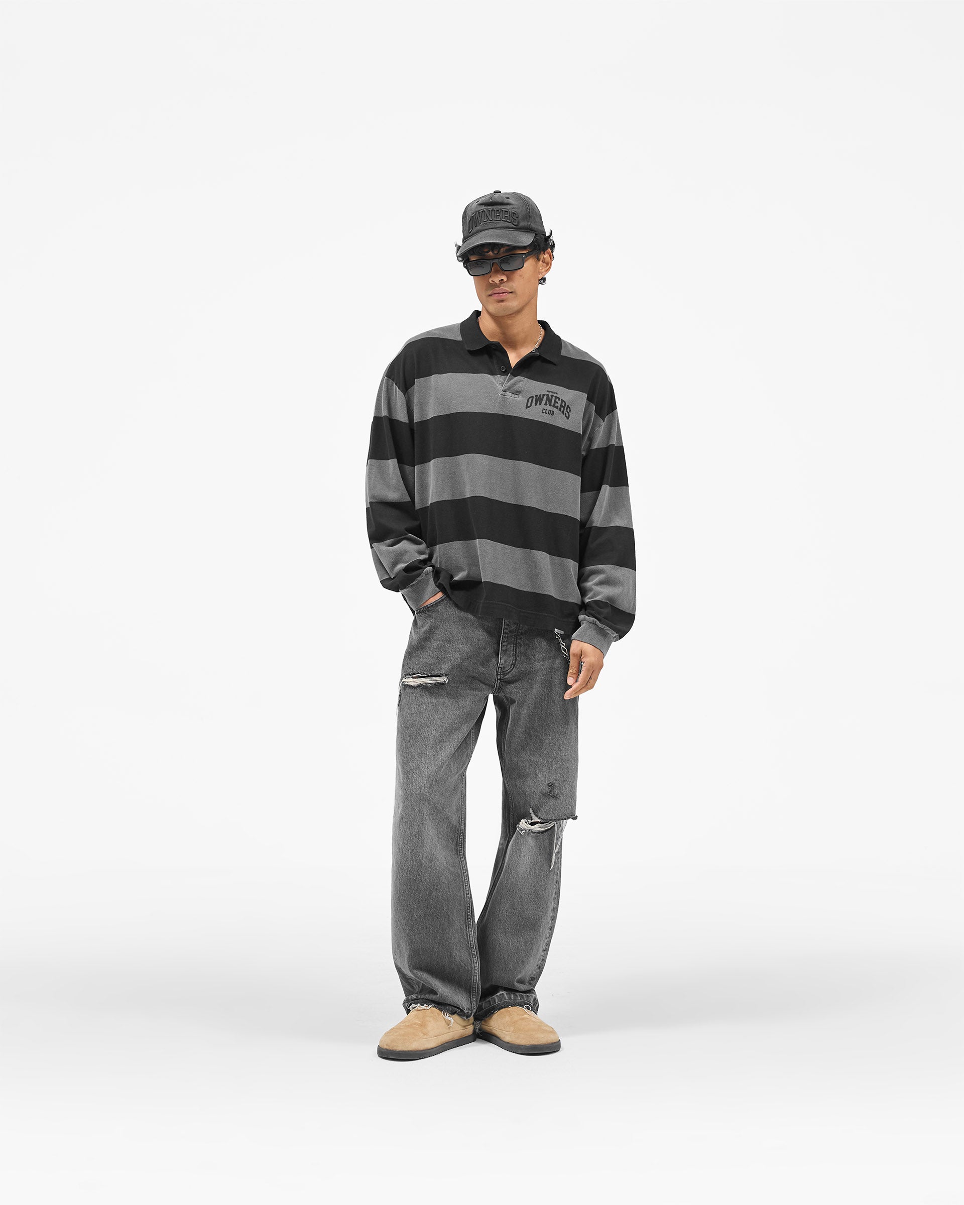 Represent Owners Club Rugby Stripe Top - Weathered Black