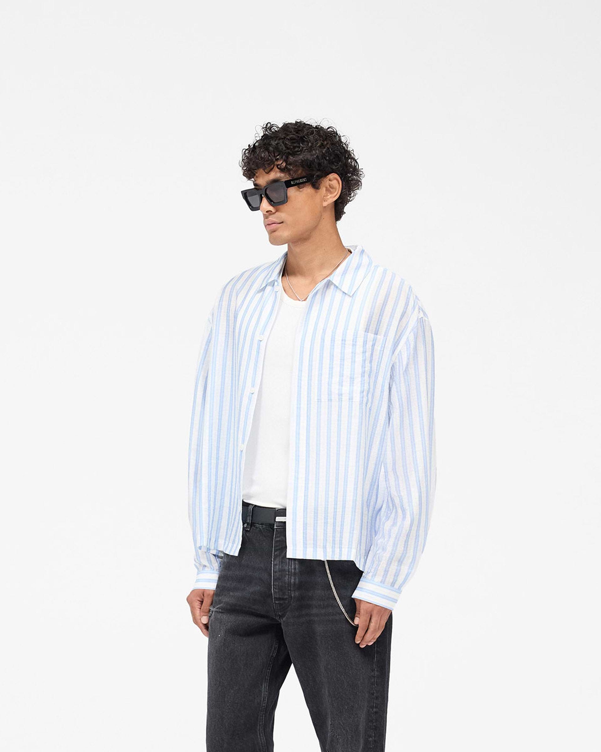Long Sleeve Sheer Stripe Boxy Shirt - Ice Blue