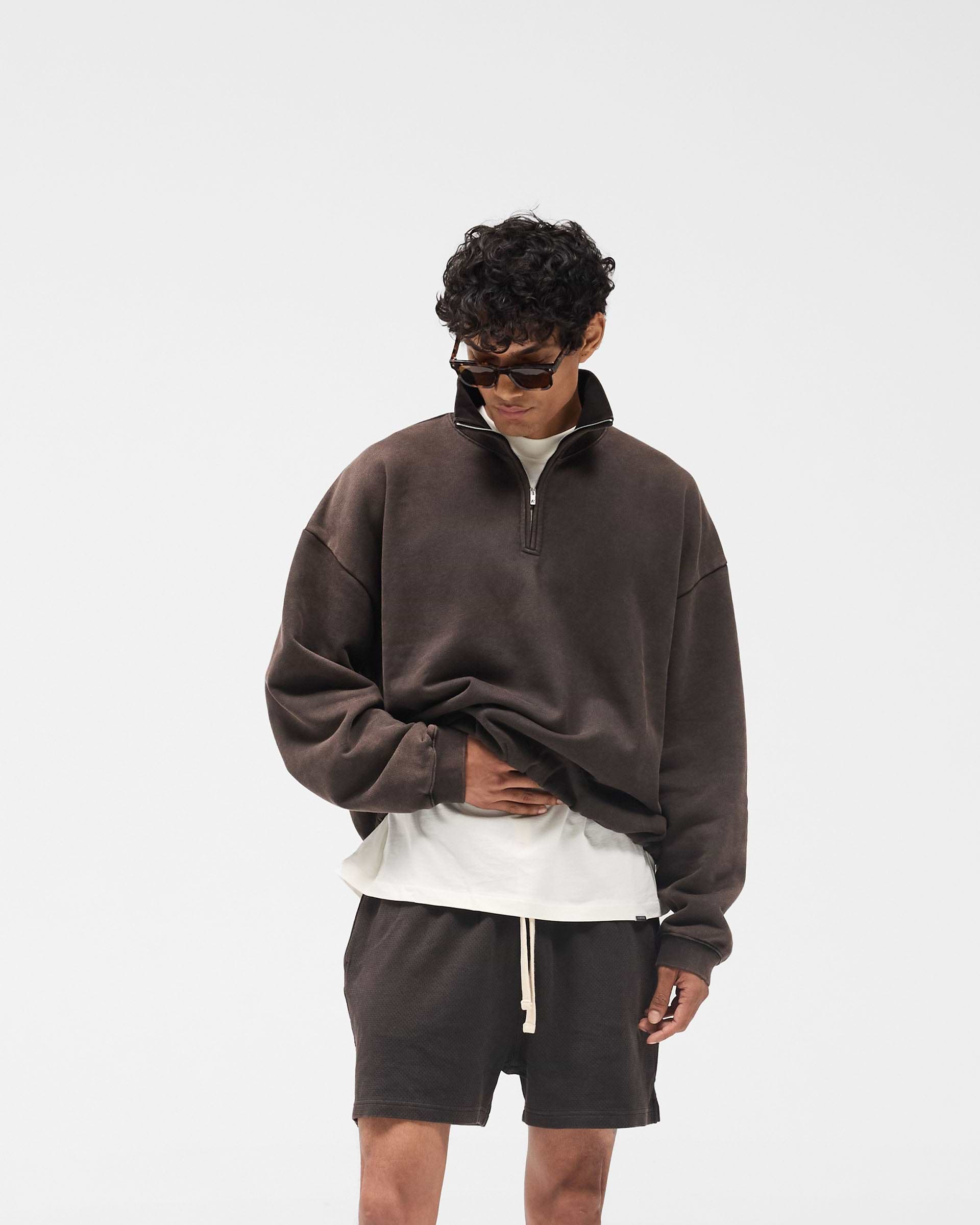 Initial Funnel Neck Quarter Zip Sweatshirt - Coffee