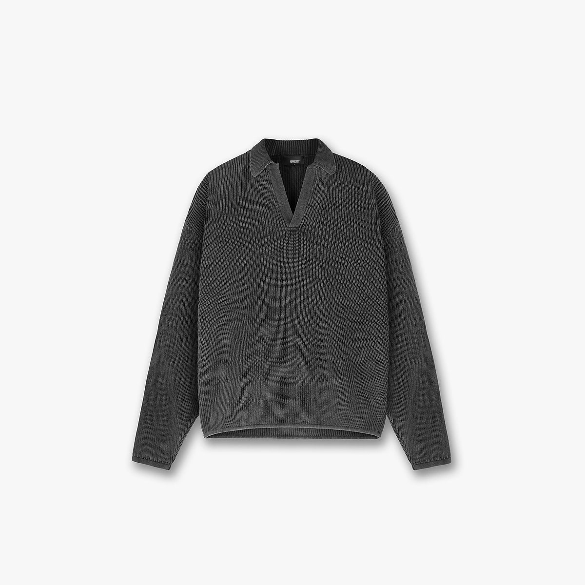 Ribbed Knit Oversized Polo - Washed Black