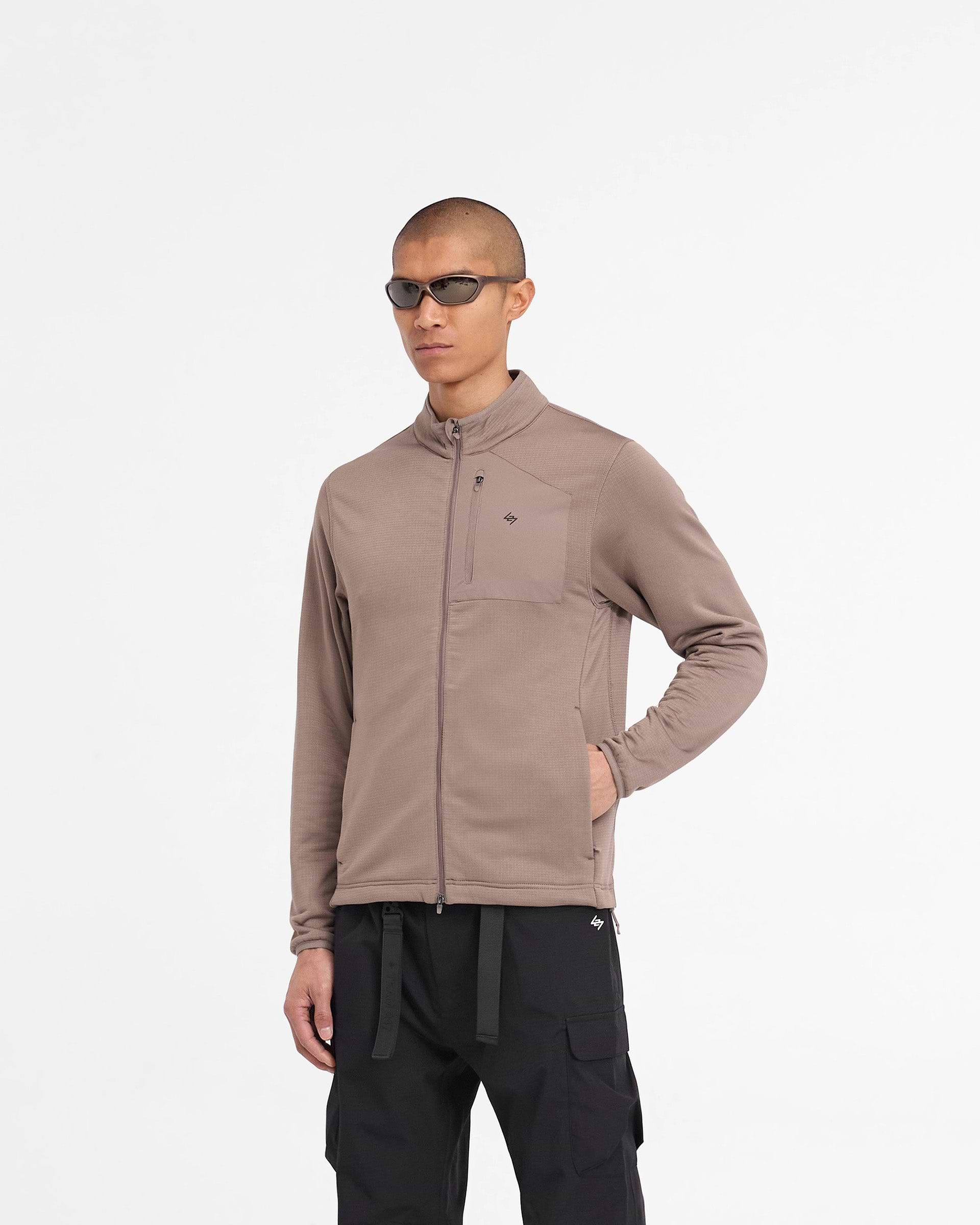 Back product image of a mens brown fleece jacket on a plain white background | 247 Full Zip Fleece in Umber | Fleece with adjustable hem and zip pocket | 247 Outerwear | Represent Clo