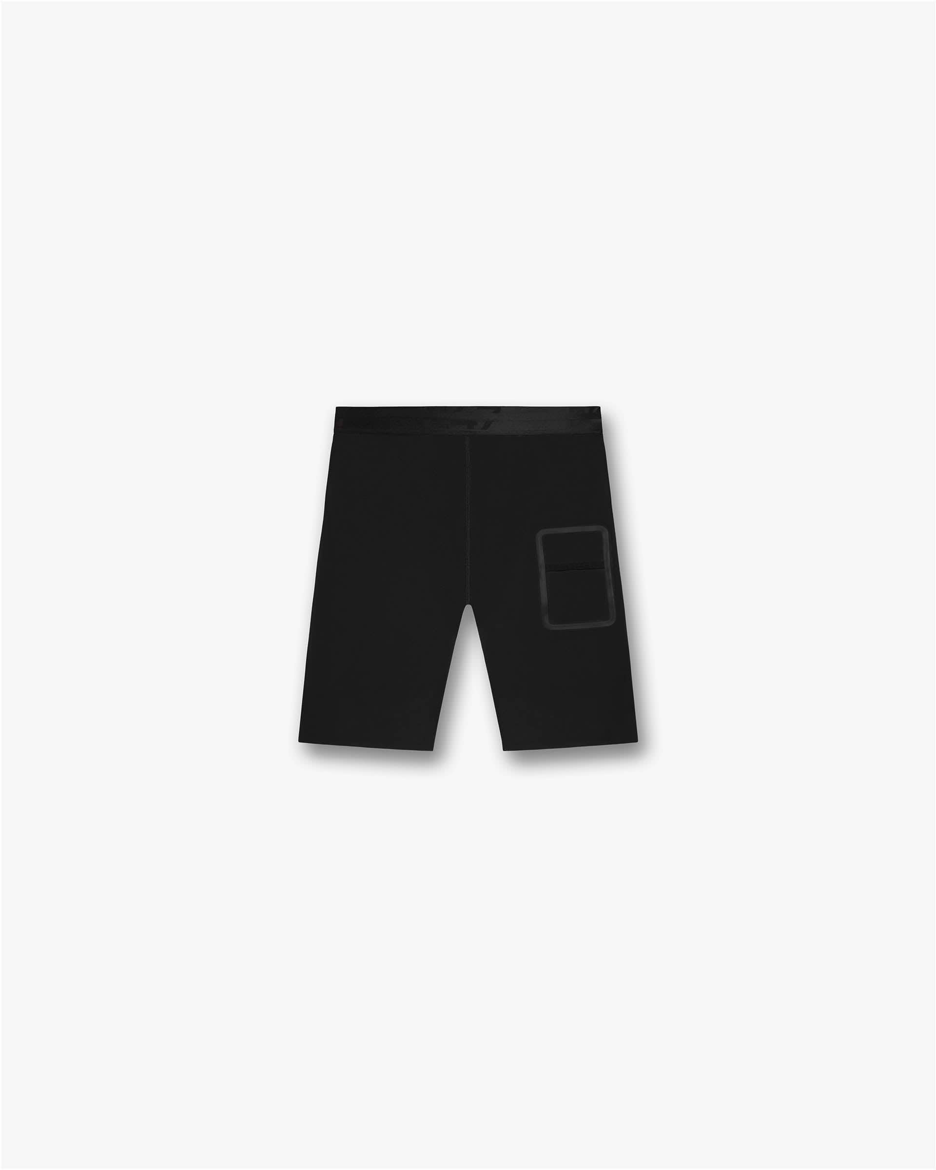 Back product image of mens black legging shorts on a plain white background | 247 Compound Legging Short in Black | Antibacterial shorts with quick drying fabric and elasticated waistband | 247 Shorts | Represent Clo