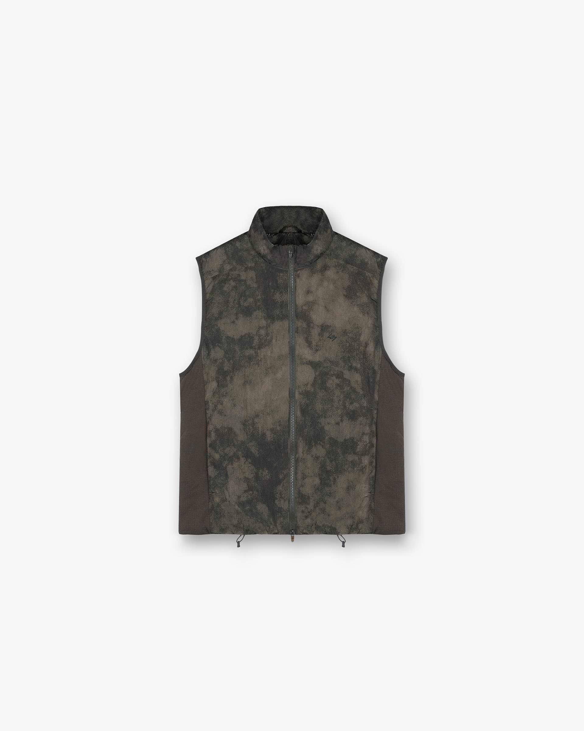 Front product image of a mens green gilet on a plain white background | Team 247 Insulated Gilet in Terrain | Insulated gilet with applique detailing | 247 Outerwear | Represent Clo