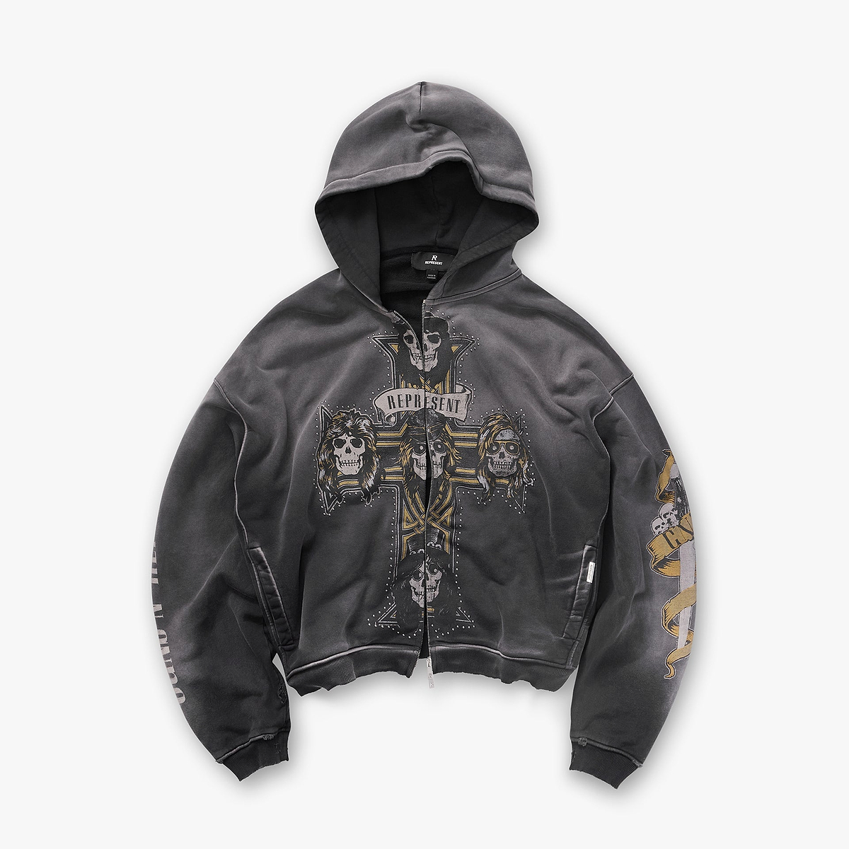 Represent X Guns N' Roses Cross Zip Through Hoodie - Stained Black