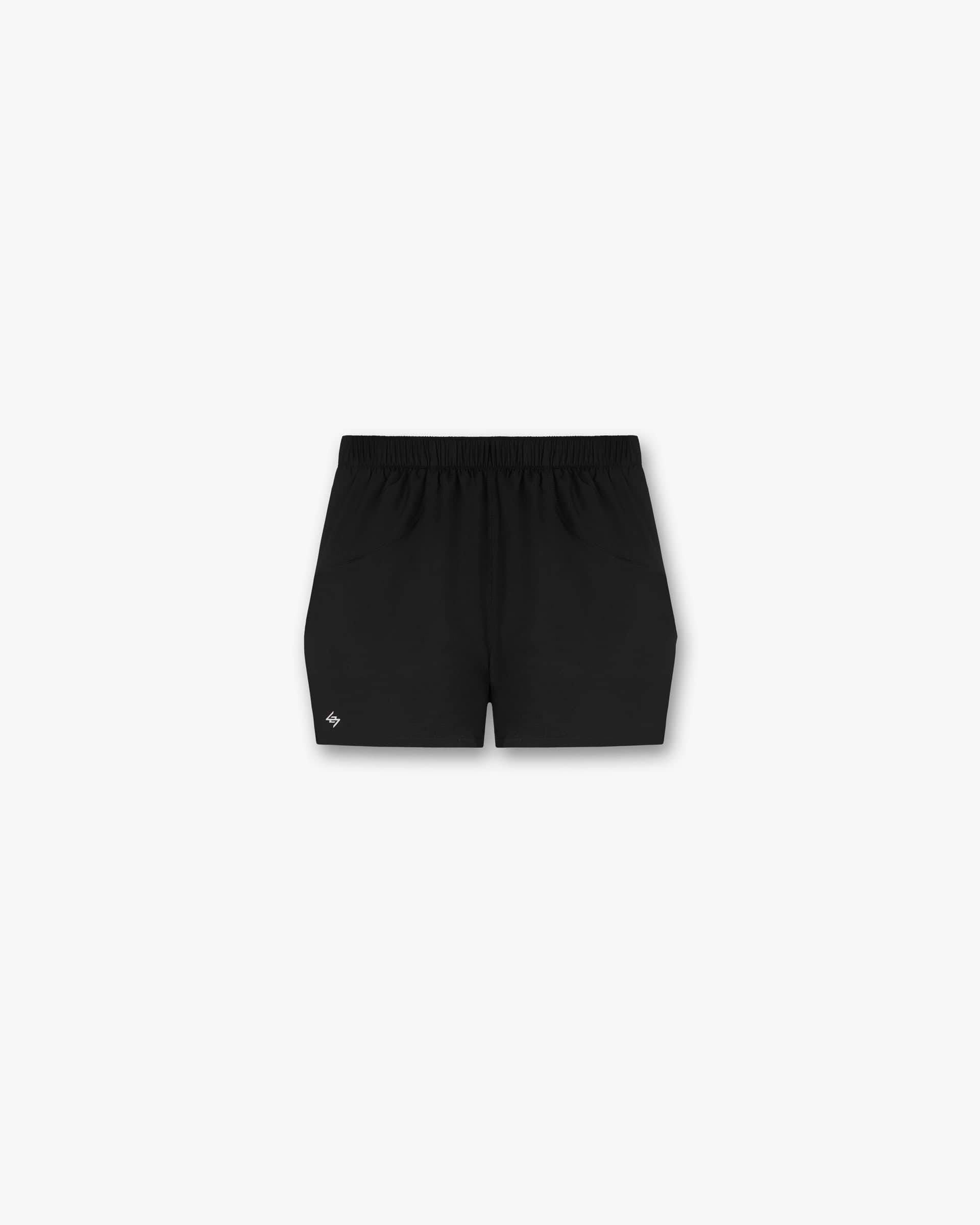 Front product image of mens black shorts on a plain white background | Team 247 Race Shorts in Jet Black | Crochet knit shorts with intarsia pattern | 247 Shorts | Represent Clo