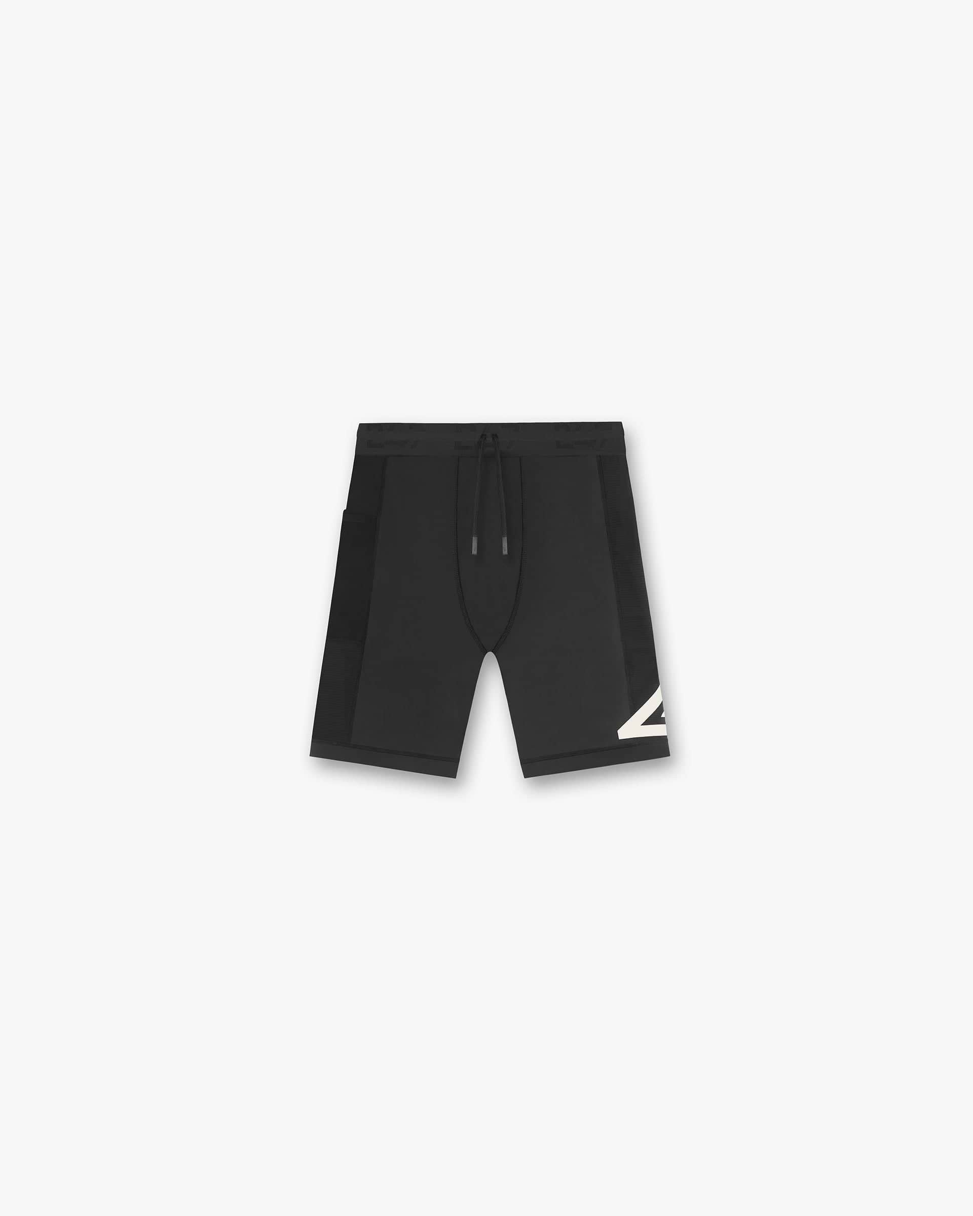 Front product image of mens black shorts on a plain white background | 247 Cargo Half Tight in Jet Black | Cargo shorts with zip side and cargo pockets | 247 Shorts | Represent Clo