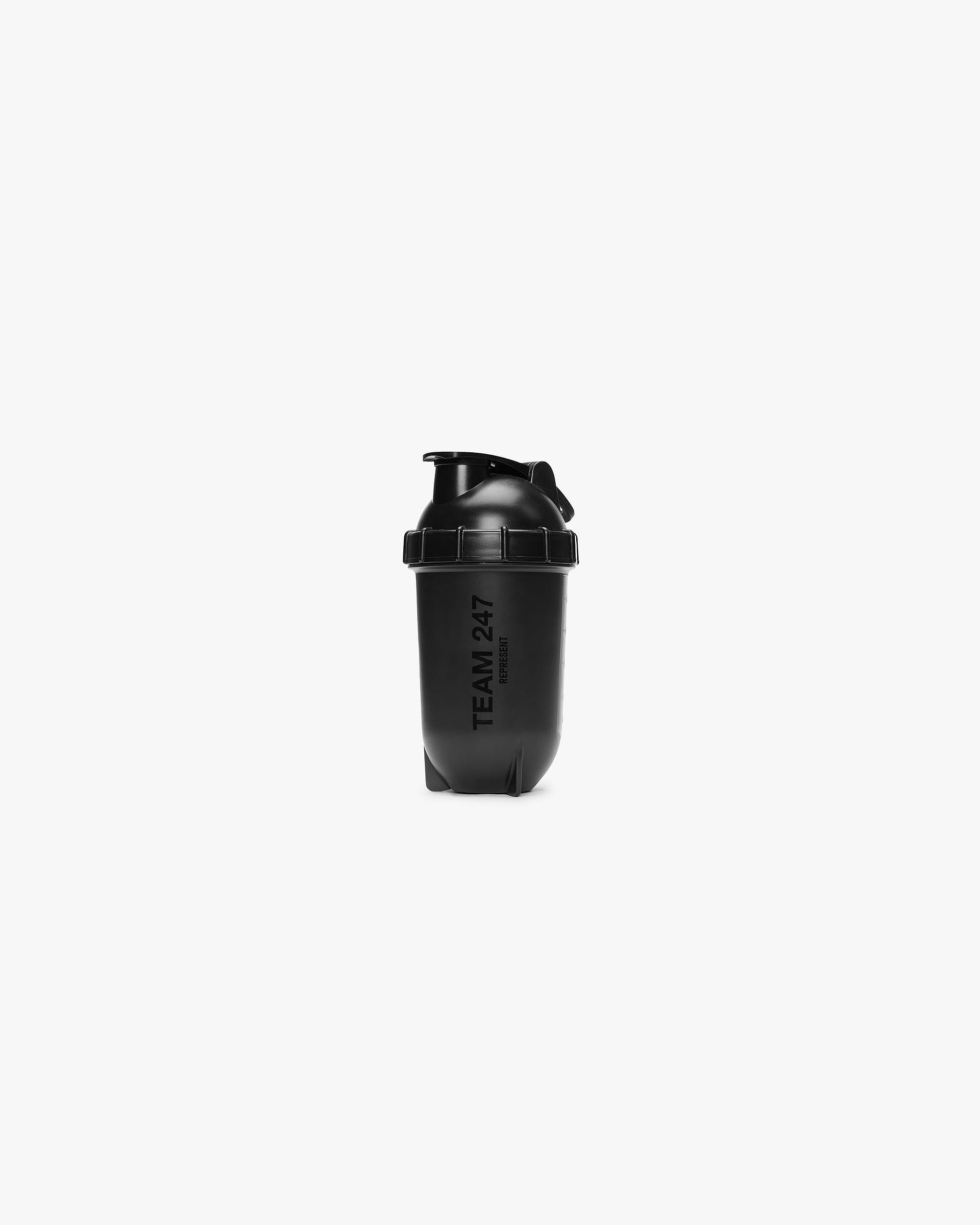 Front product image of a mens black protein shaker on a plain white background | 247 Protein Shaker in Black | Durable and portable shaker bottle | 247 Accessories | Represent Clo