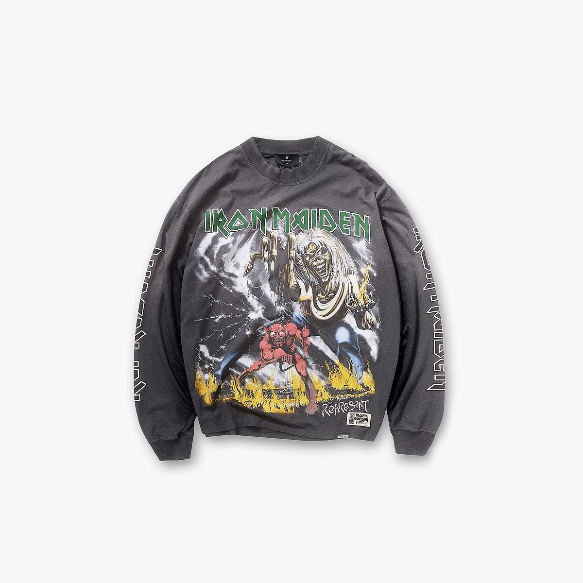 Represent X Iron Maiden Number Of The Beast Long Sleeve T-Shirt - Sunfade Grey