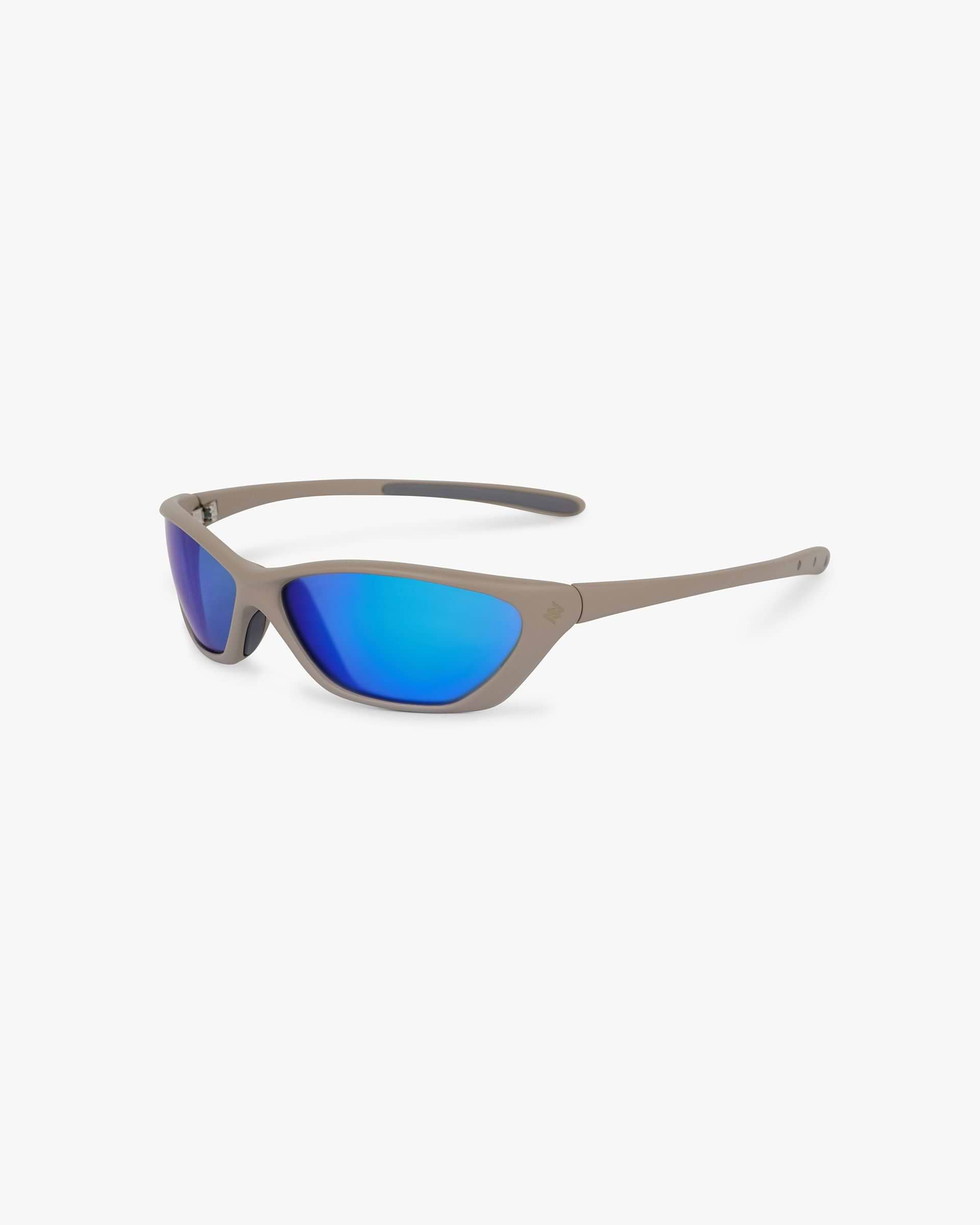 Front product image of mens grey sunglasses on a plain white background | 247 Arena Sunglasses in Pebble | Rubberised grip | 247 Accessories | Represent Clo