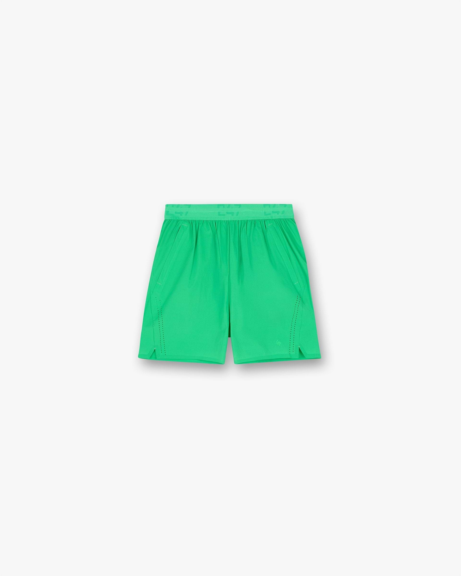 Front product image of mens green shorts on a plain white background | 247 Training Shorts in Speed Green | Performance shorts with water-resistant technology | 247 Shorts | Represent Clo