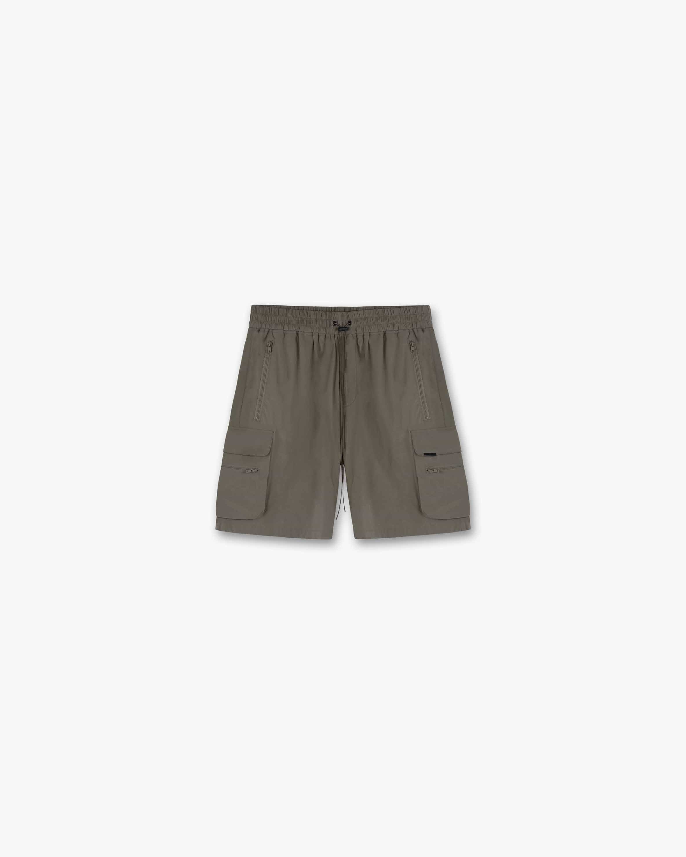 Front product image of mens olive shorts on a plain white background | 247 Shorts in Olive | Cargo shorts with adjustable waistband and RiRi zippers | 247 Shorts | Represent Clo