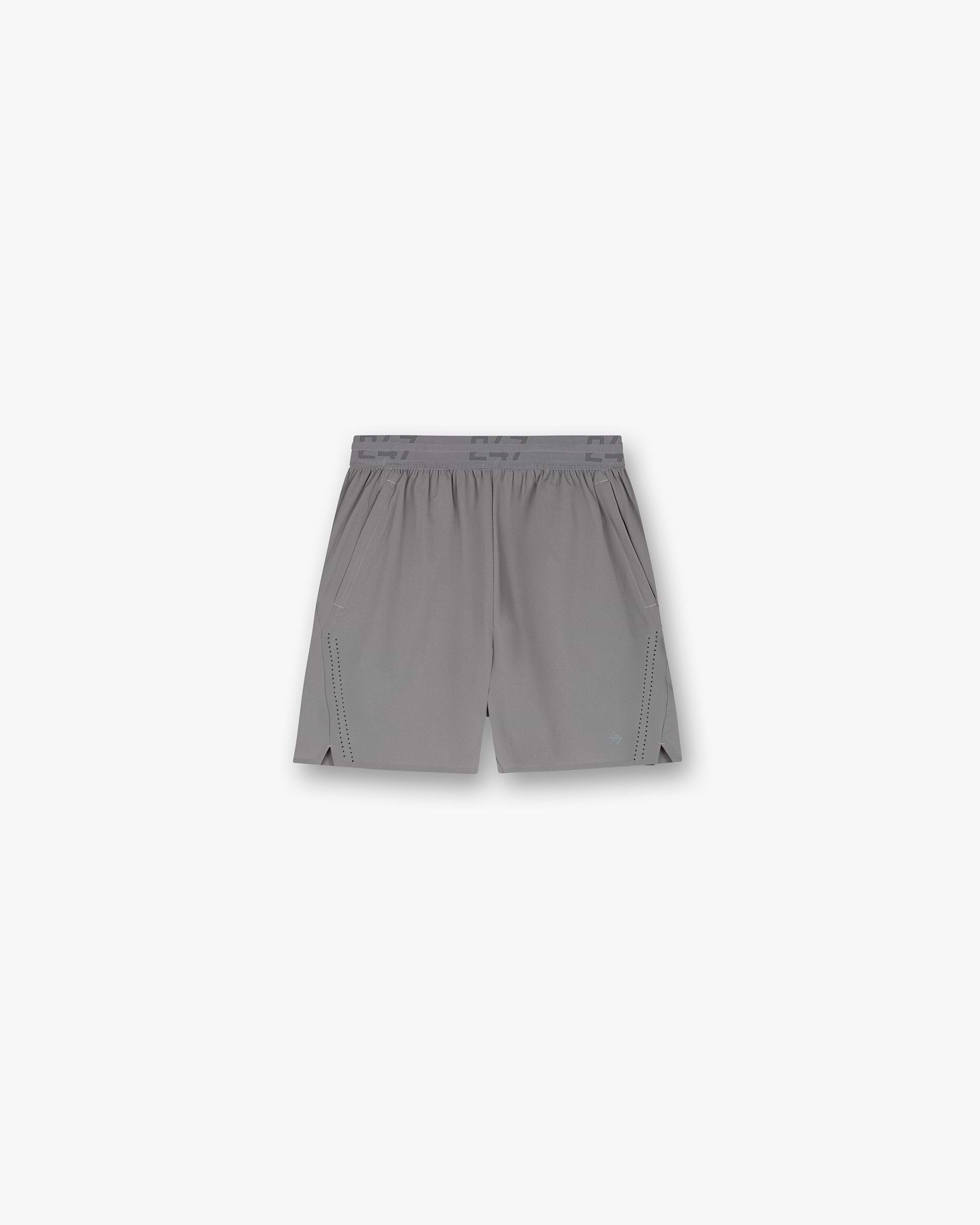 Front product image of mens grey shorts on a plain white background | 247 Training Shorts in Titanium | Shorts with relaxed fit and raw edge branding | 247 Shorts | Represent Clo