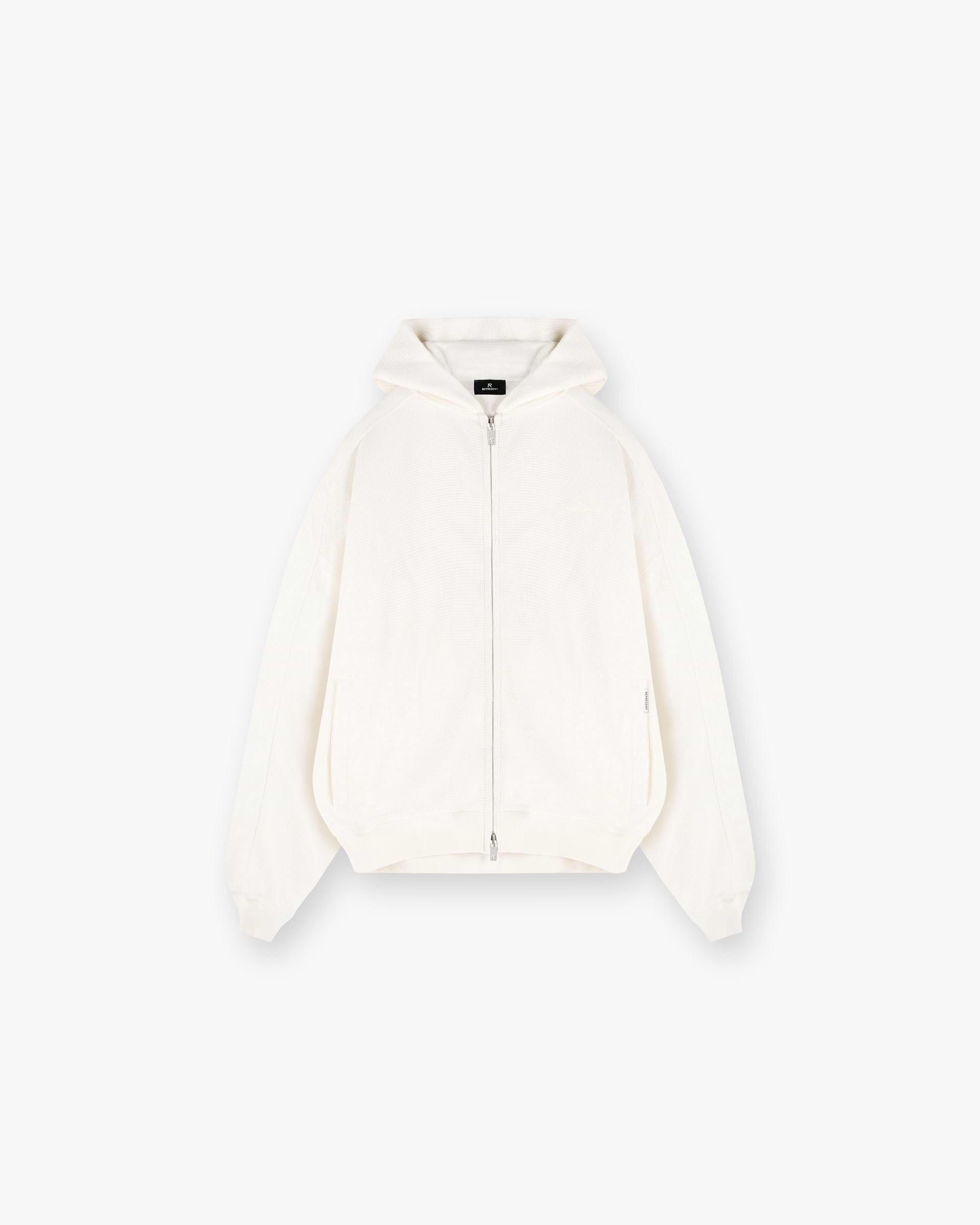 Front product image of a mens white hoodie on a plain white background | Waffle Zip Through Hoodie in Flat White | Cotton jersey zip through hoodie | SS25 Hoodies | Represent Clo