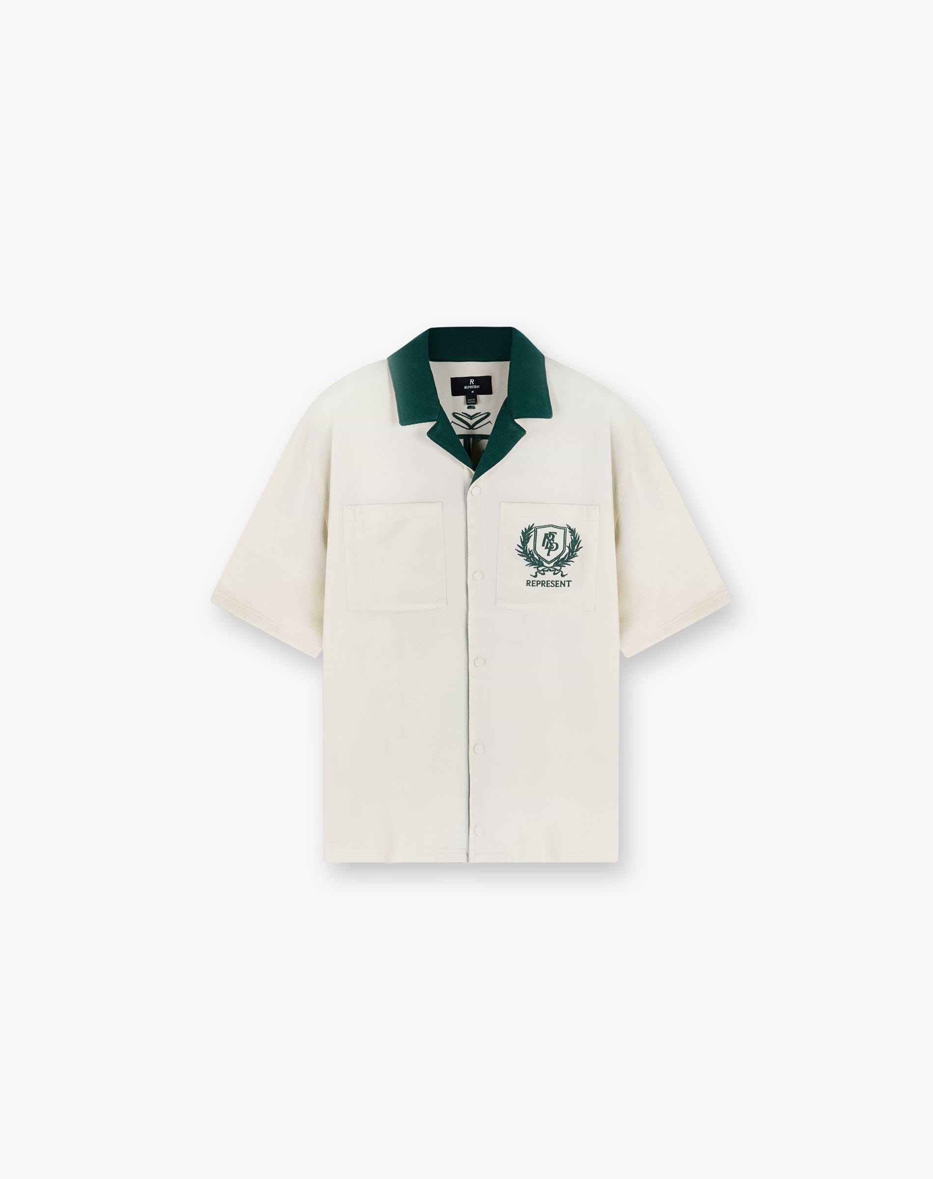 Front product image of a mens white shirt on a plain white background | Represent Crest Shirt in Antique White | Cotton waffle t-shirt with boxy fit | SS25 Shirts | Represent Clo