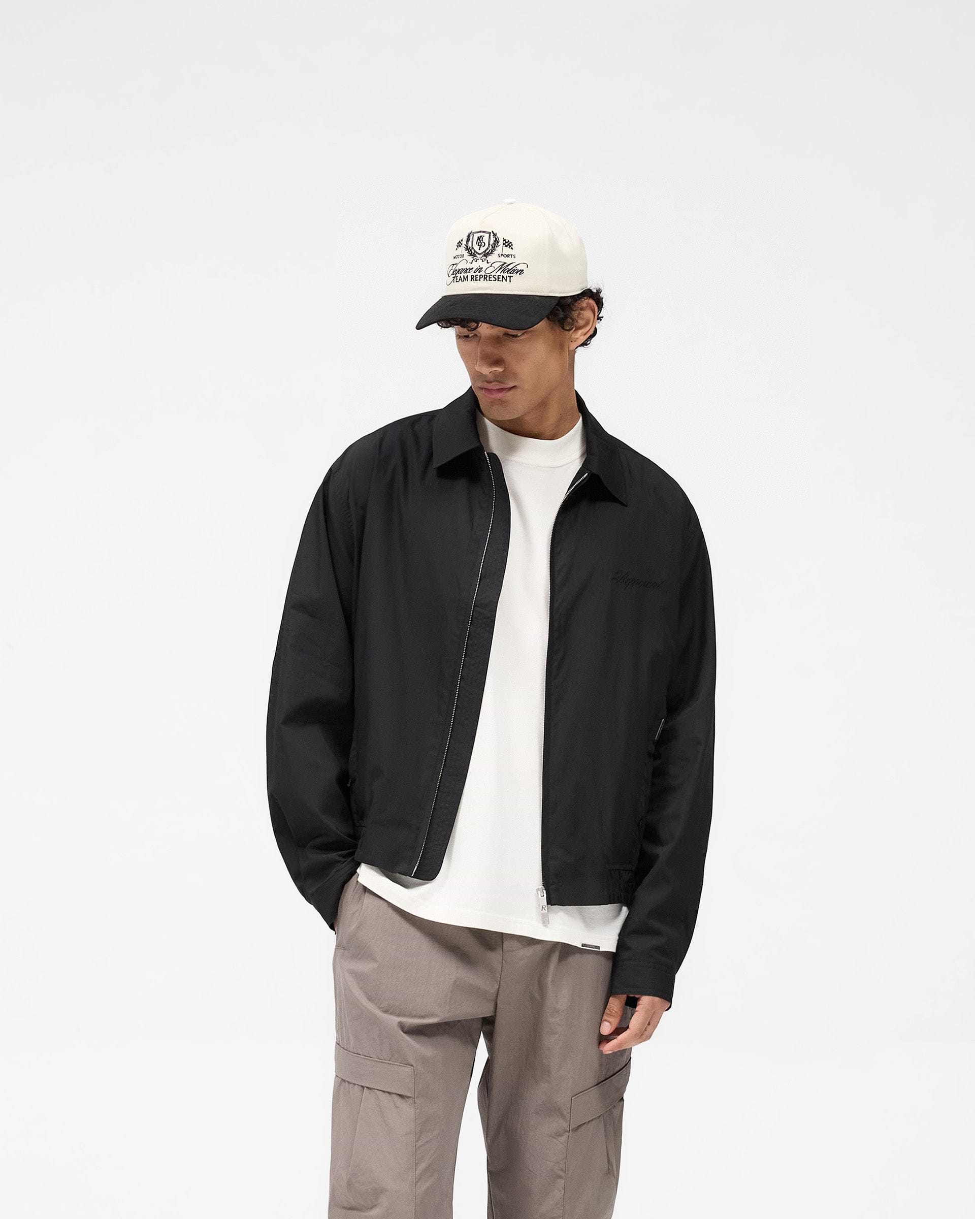 Back product image of a mens black shirt bomber on a plain white background | Shirt Bomber in Black | Bomber-inspired overshirt with welt pockets | SS25 Shirts | Represent Clo
