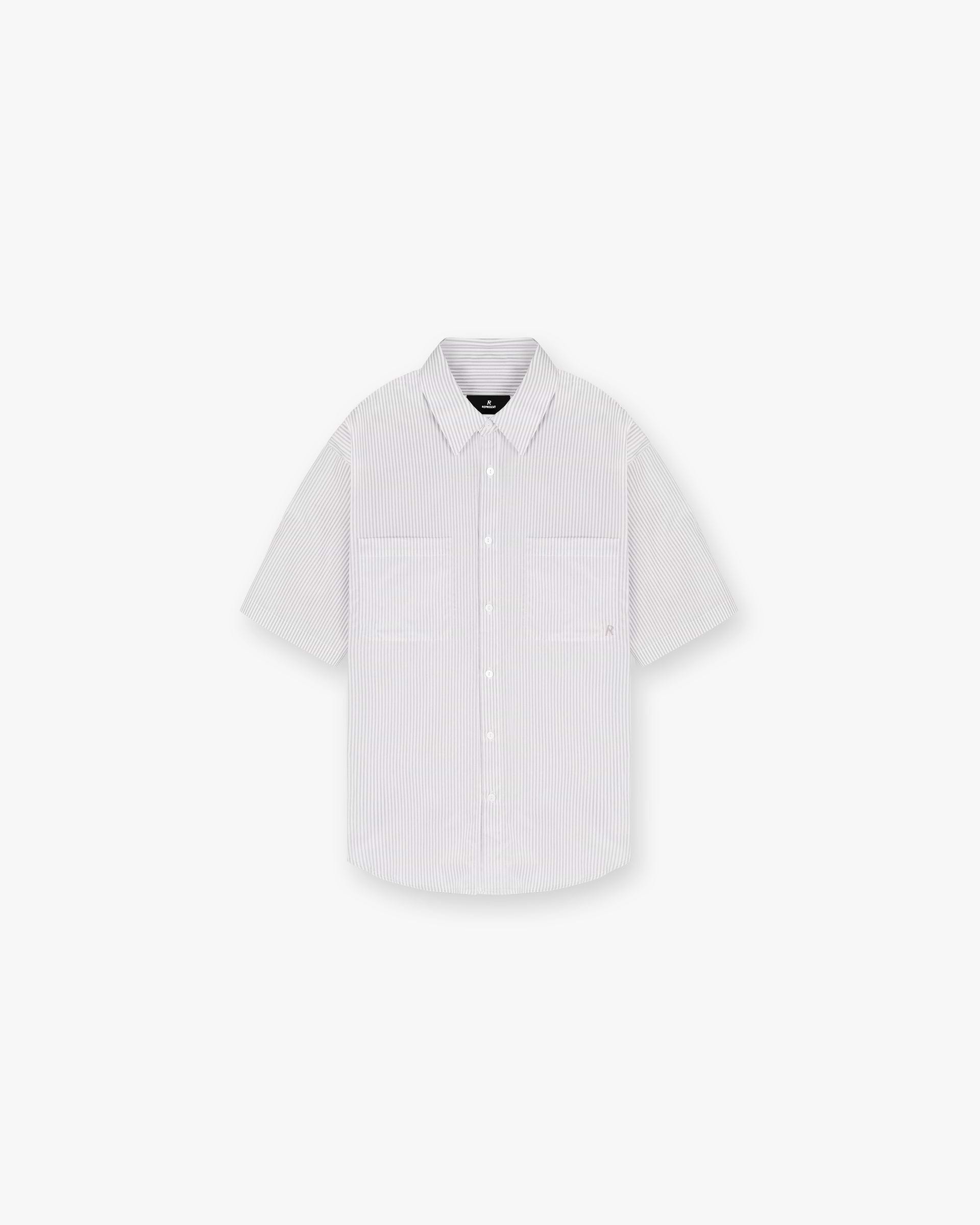 Front product image of a mens grey short sleeve shirt on a plain white background | Short Sleeve Pinstripe Shirt in Grey | Pinstripe design with short sleeves | SC24 Shirts | Represent Clo