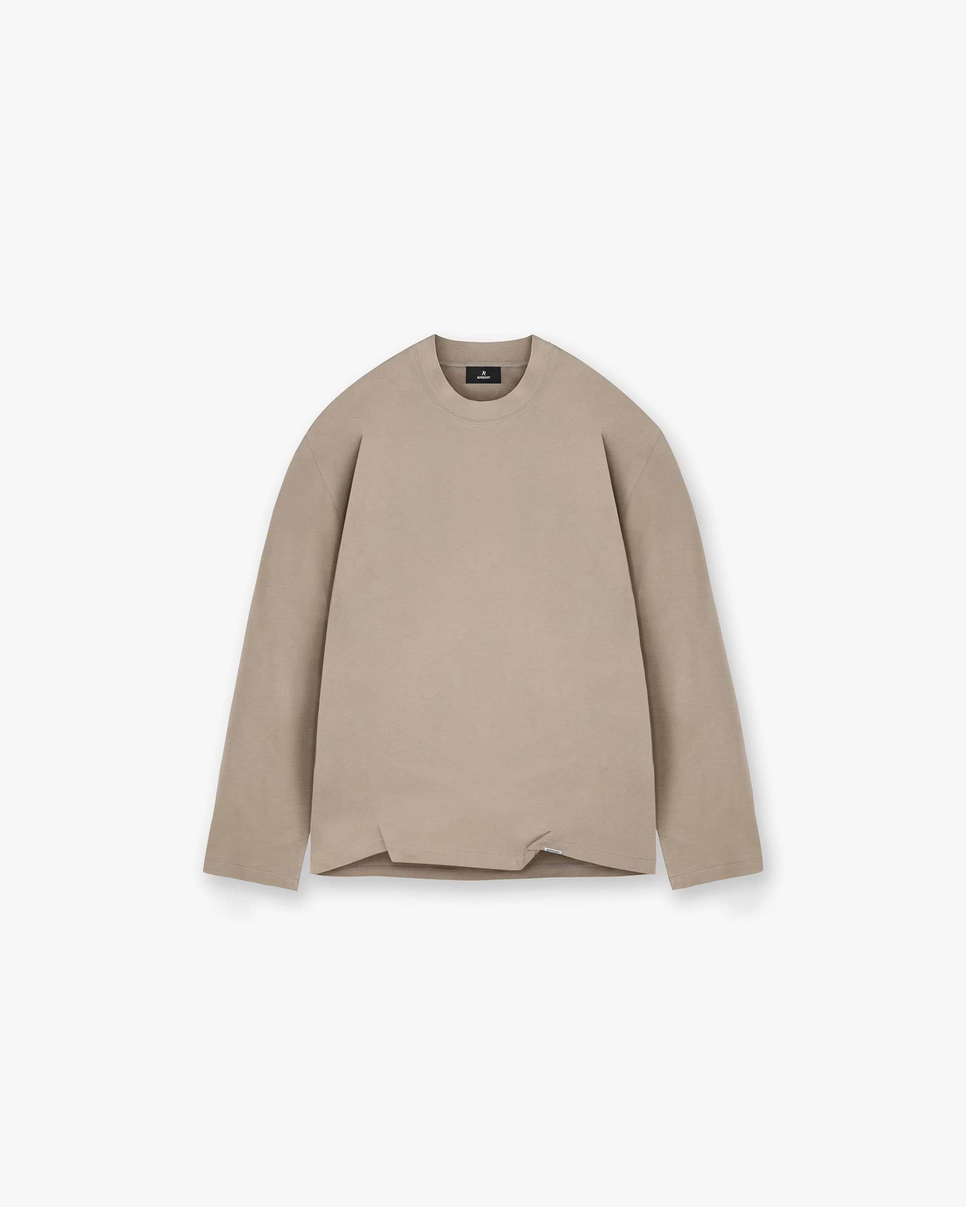 Front product image of a mens beige long sleeve t-shirt on a plain white background | Initial Long Sleeve Open Cuff T-Shirt in Dune | Long sleeve t-shirt with open cuffs | Initial T-Shirts | Represent Clo