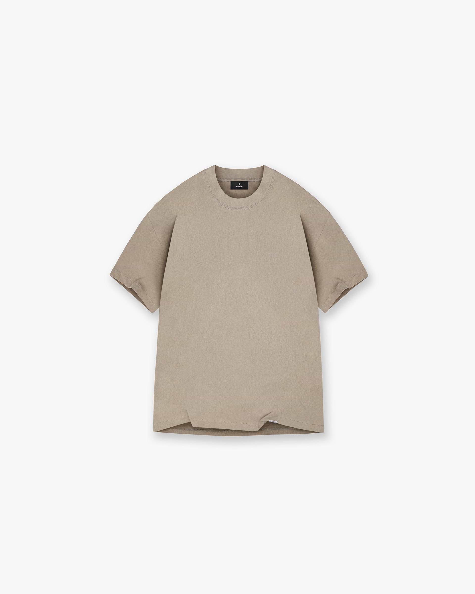 Front product image of a mens beige t-shirt on a plain white background | Initial T-Shirt in Dune | Classic fit t-shirt with minimalist branding | Initial T-Shirts | Represent Clo