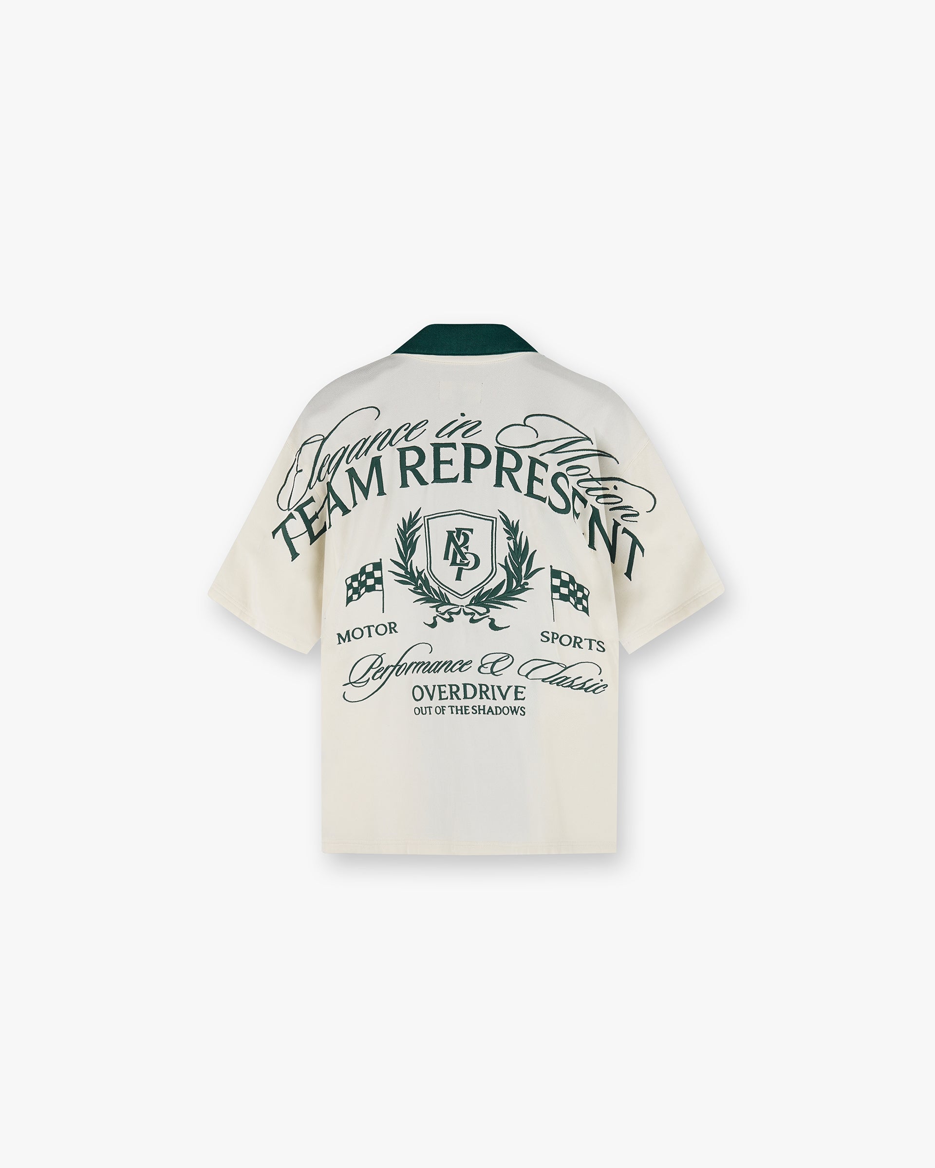 Back product image of a mens white shirt with forest green collar on a plain white background | Represent Crest Shirt in Antique White | Short sleeve shirt with dual chest pockets and embroidered back graphic | SS25 Shirts | Represent Clo