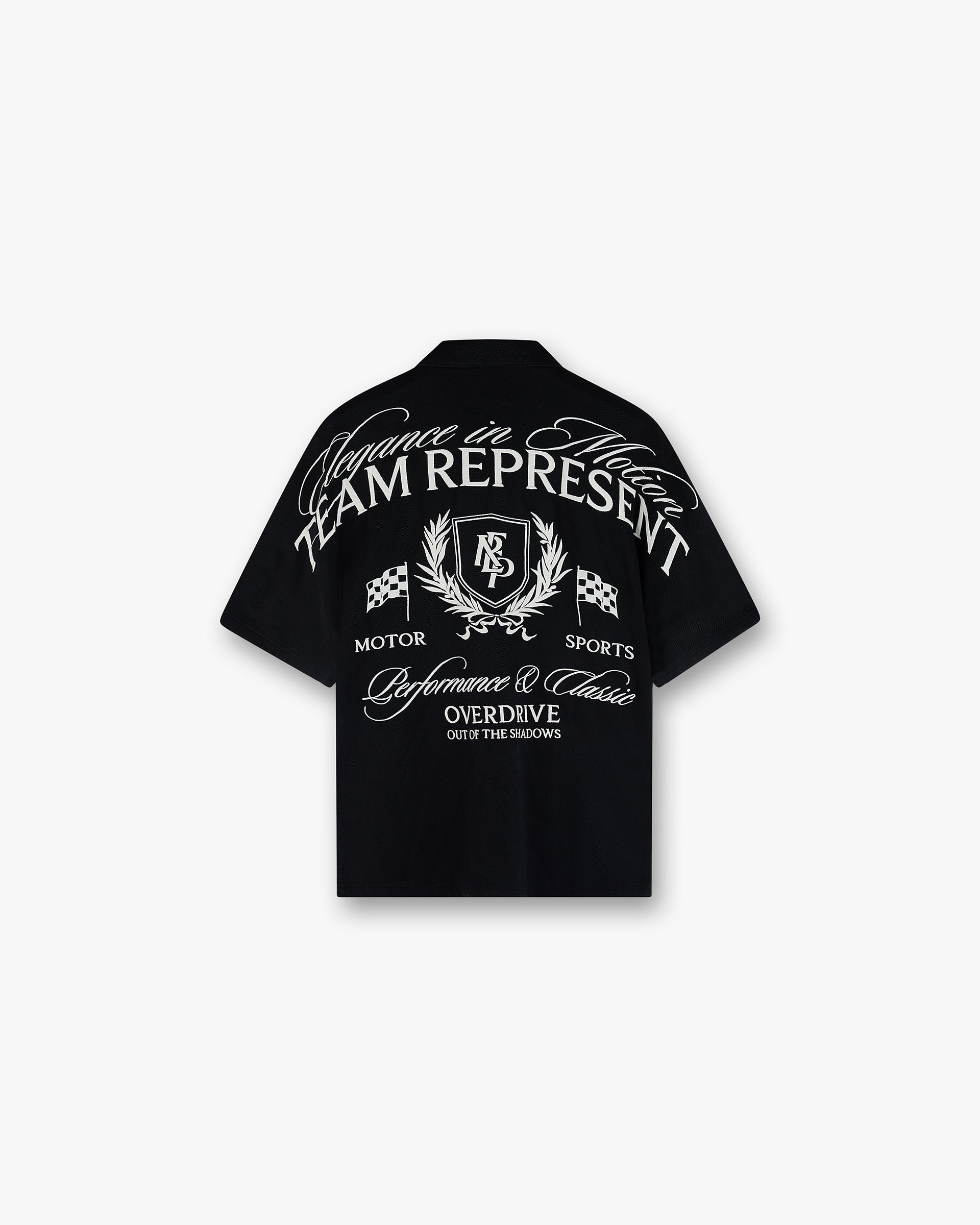 Back product image of a mens black shirt on a plain white background | Represent Crest Shirt in Jet Black | Short sleeve shirt with embroidered back graphic and dual chest pockets | SS25 Shirts | Represent Clo