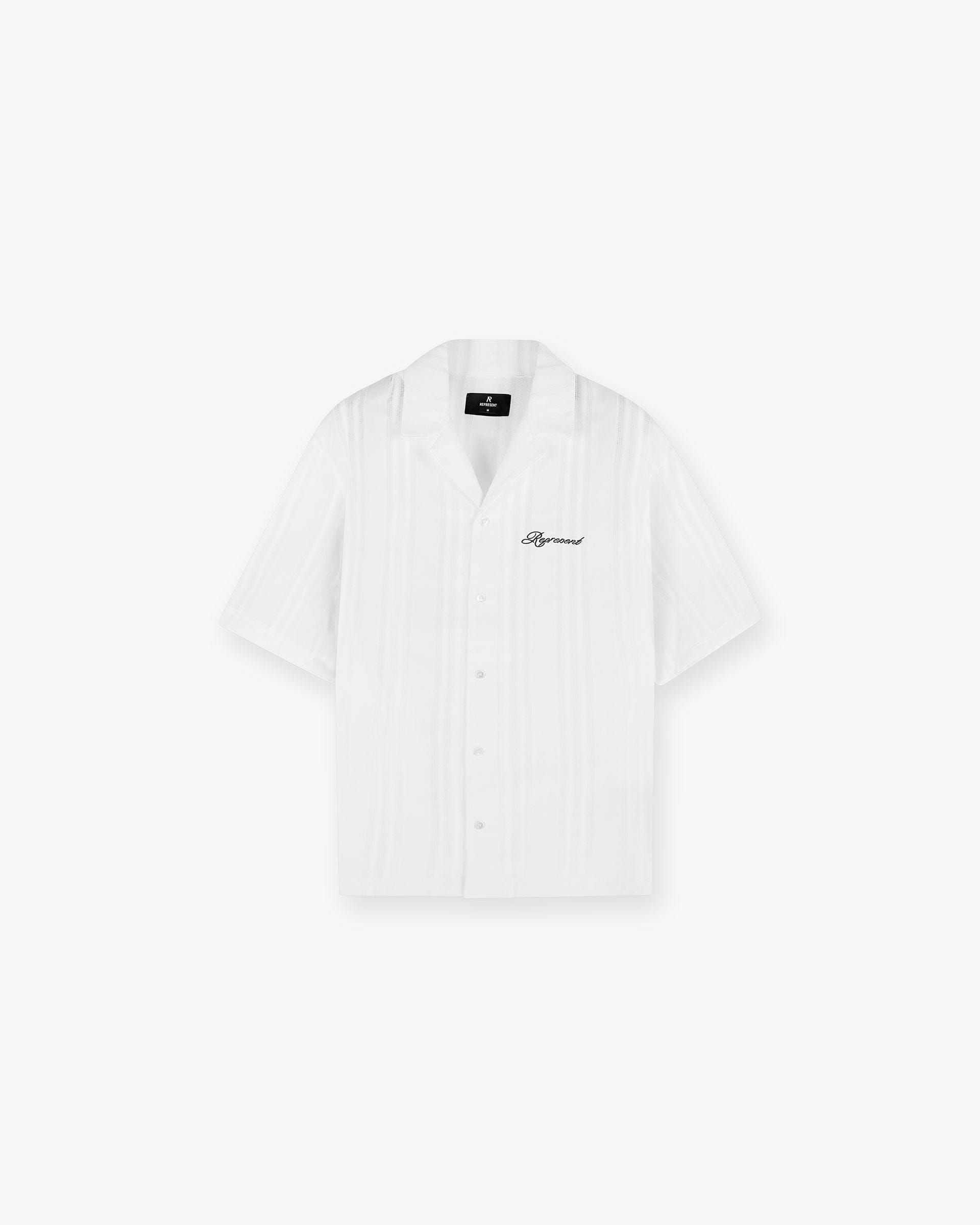 Front product image of a mens white shirt on a plain white background | Embroidered Bowling Shirt in Antique White | Shirt with refined, tailored fit | SS25 Shirts | Represent Clo