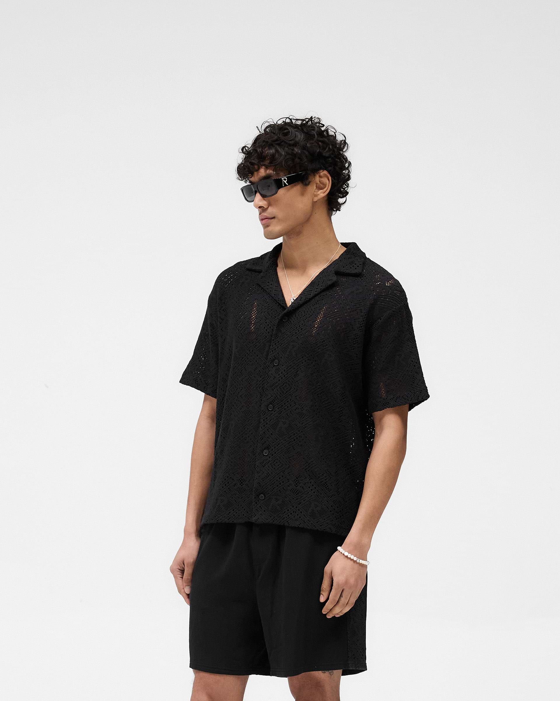 Back product image of a mens black crochet shirt on a plain white background | All Over Crochet Shirt in Jet Black | Oversized fit crochet shirt with 